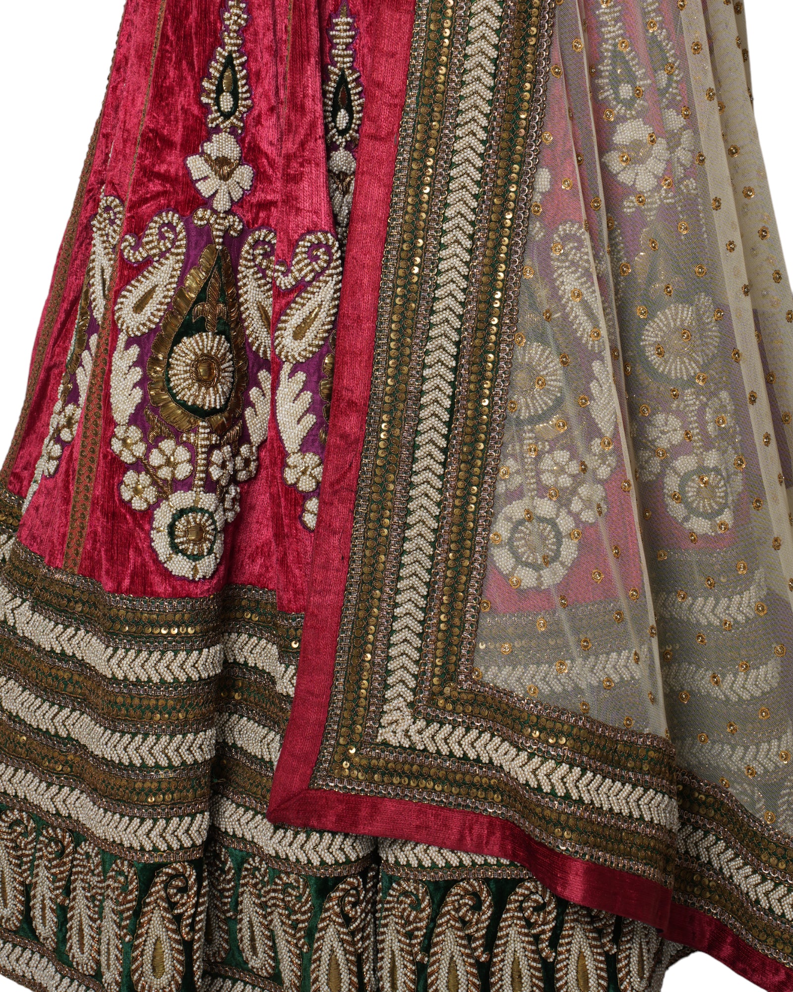 Sabyasachi Green & Red Lehenga With Heavy Zari & Sequins Work