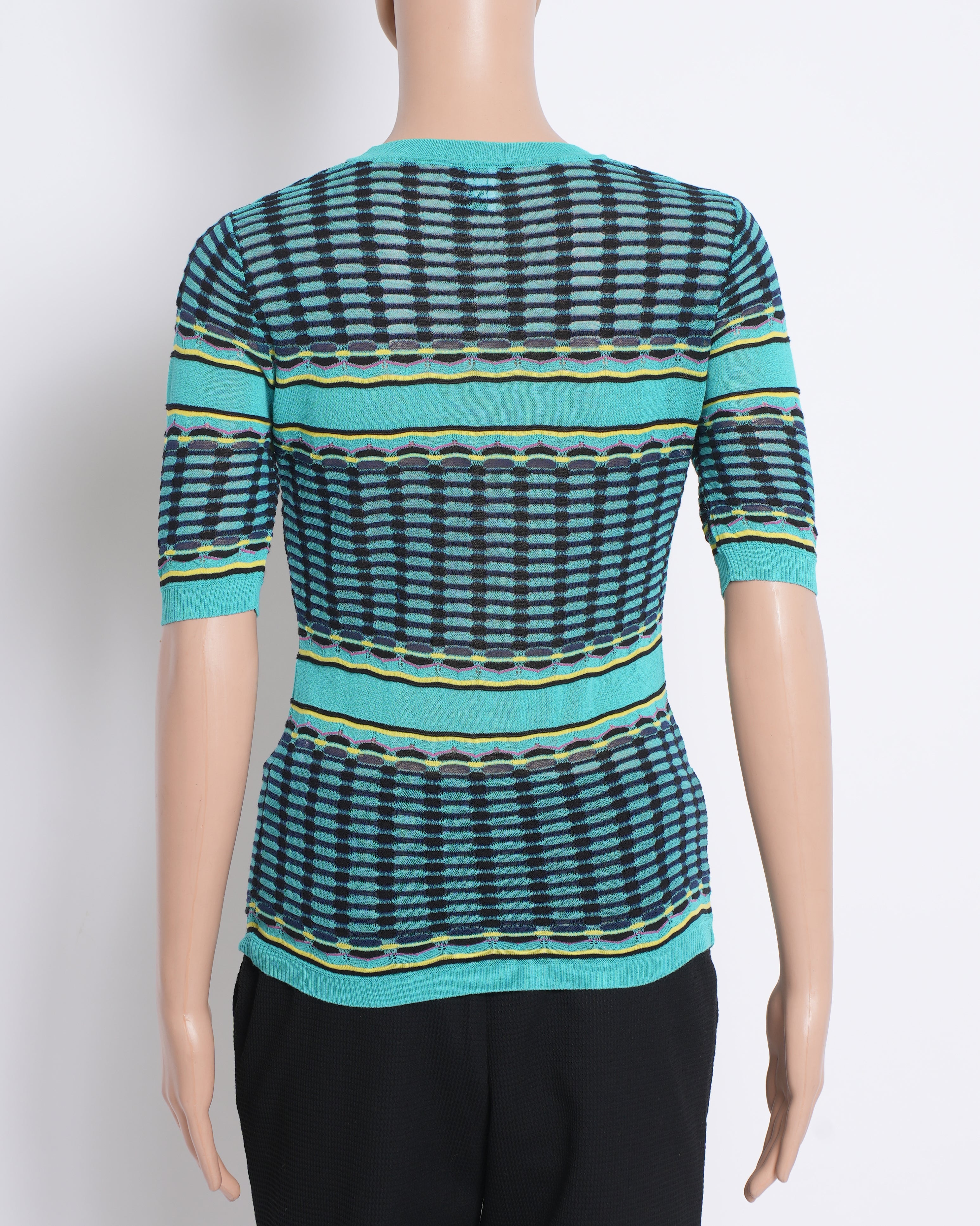 Missoni blue and green patterened knit top