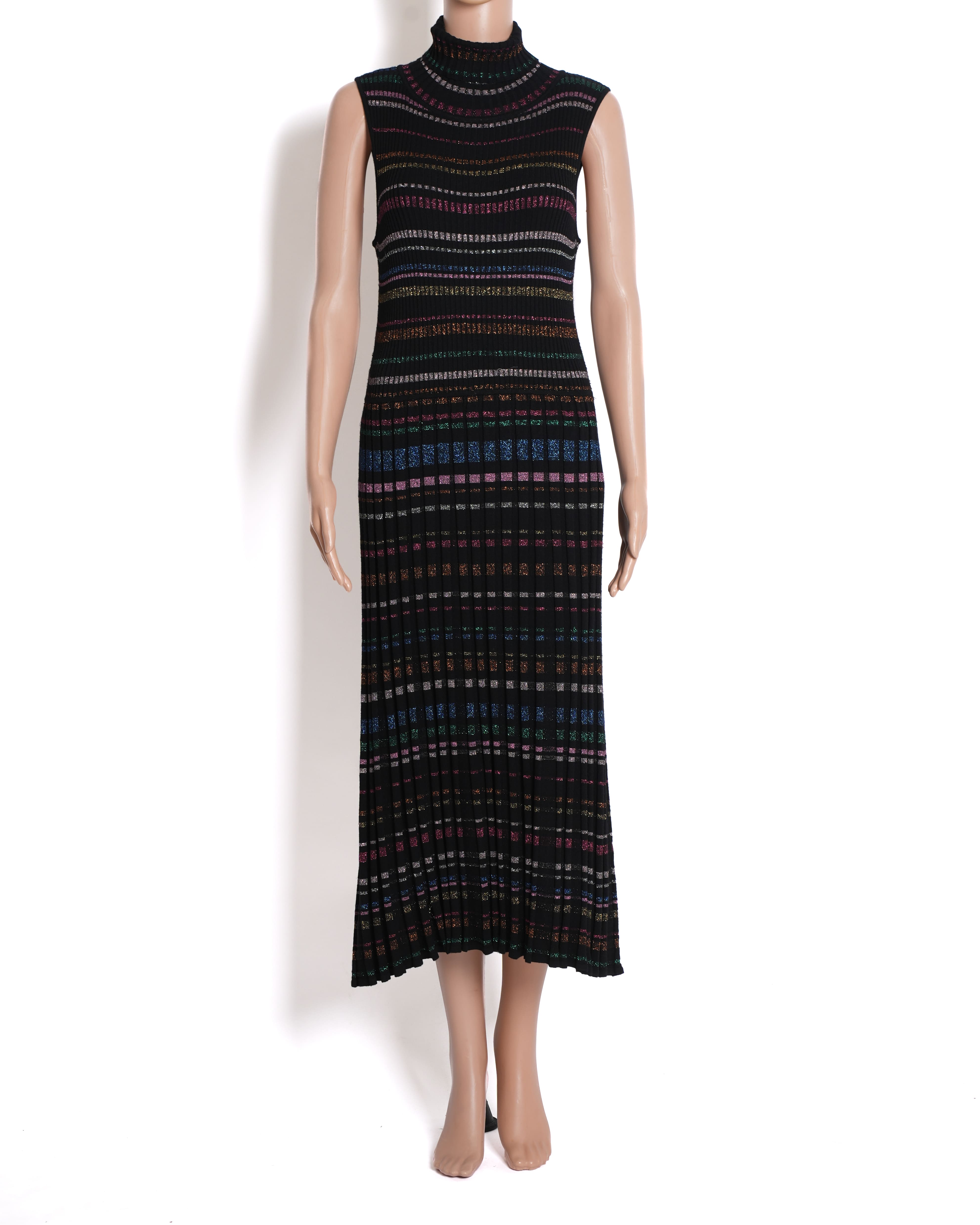 Milly Pleated Metallic Stripe Turtleneck Knit Dress