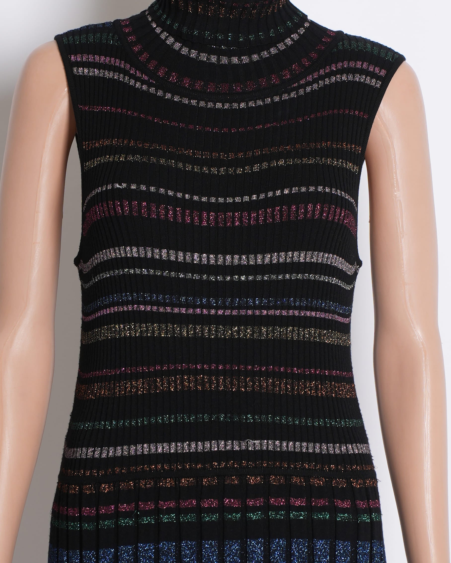 Milly Pleated Metallic Stripe Turtleneck Knit Dress