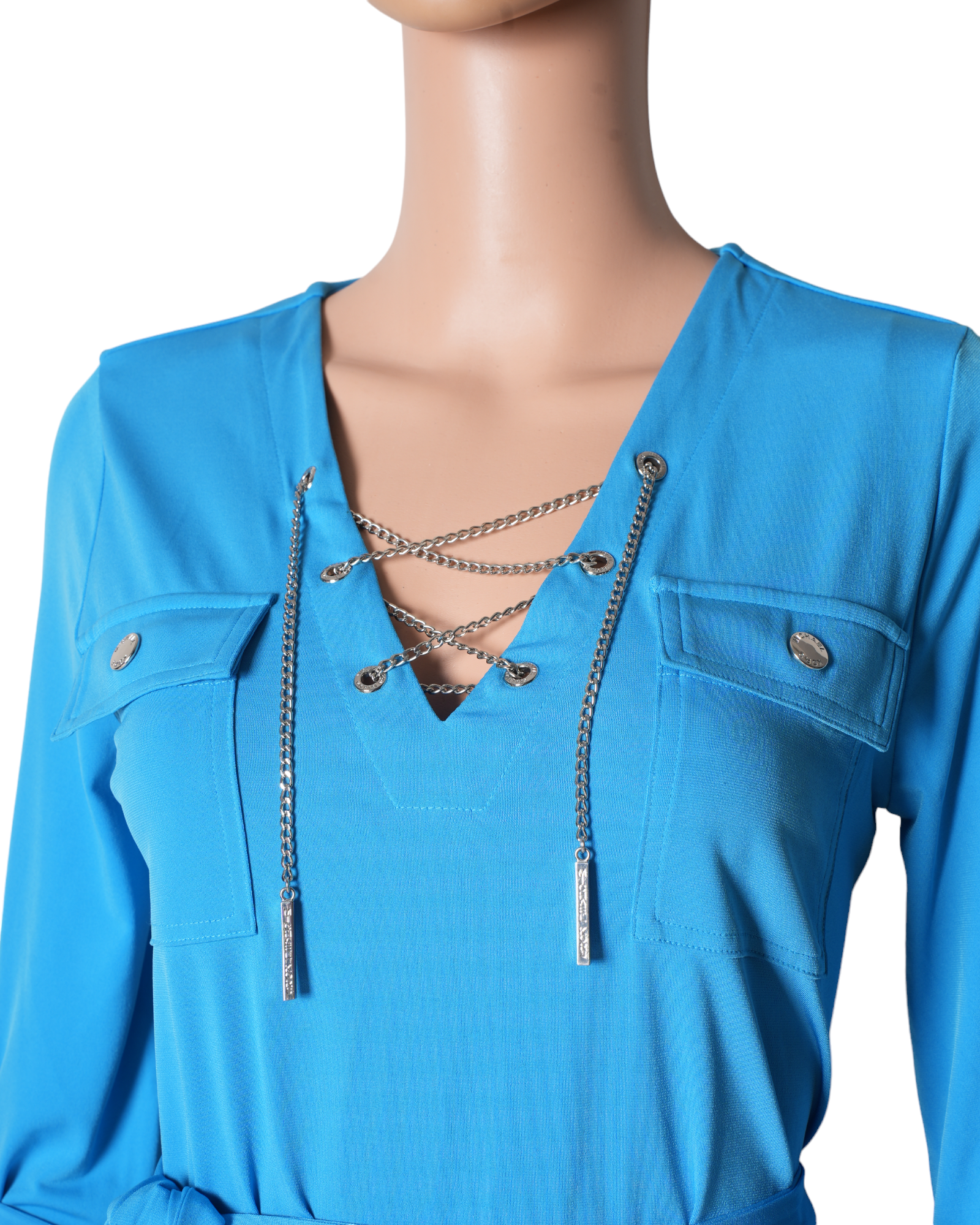 Michael Kors Blue V Neck Tunic With SIlver Chain Detailing