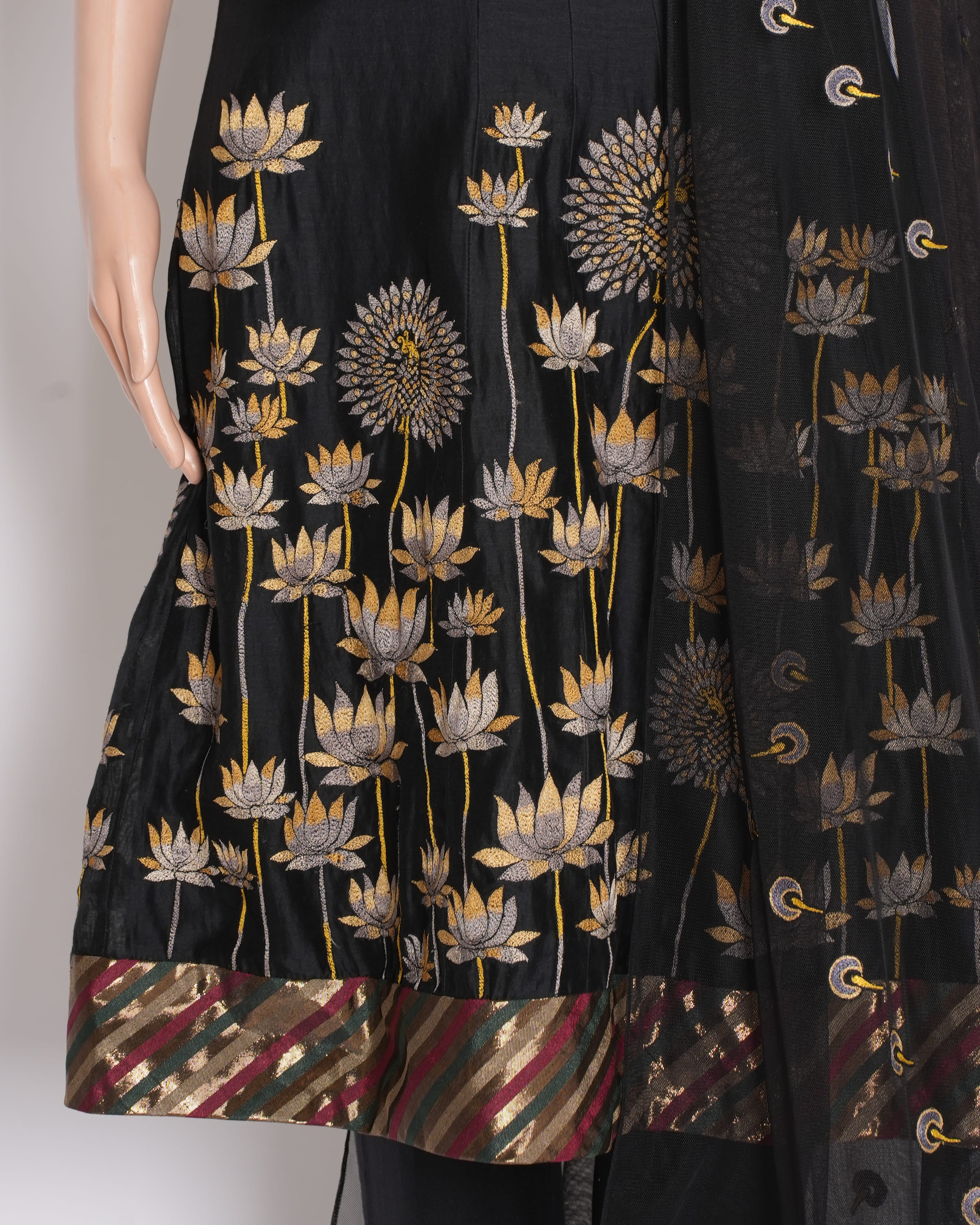 Rohit Bal Anarkali Set of 2 in Black with Lotus Detailing