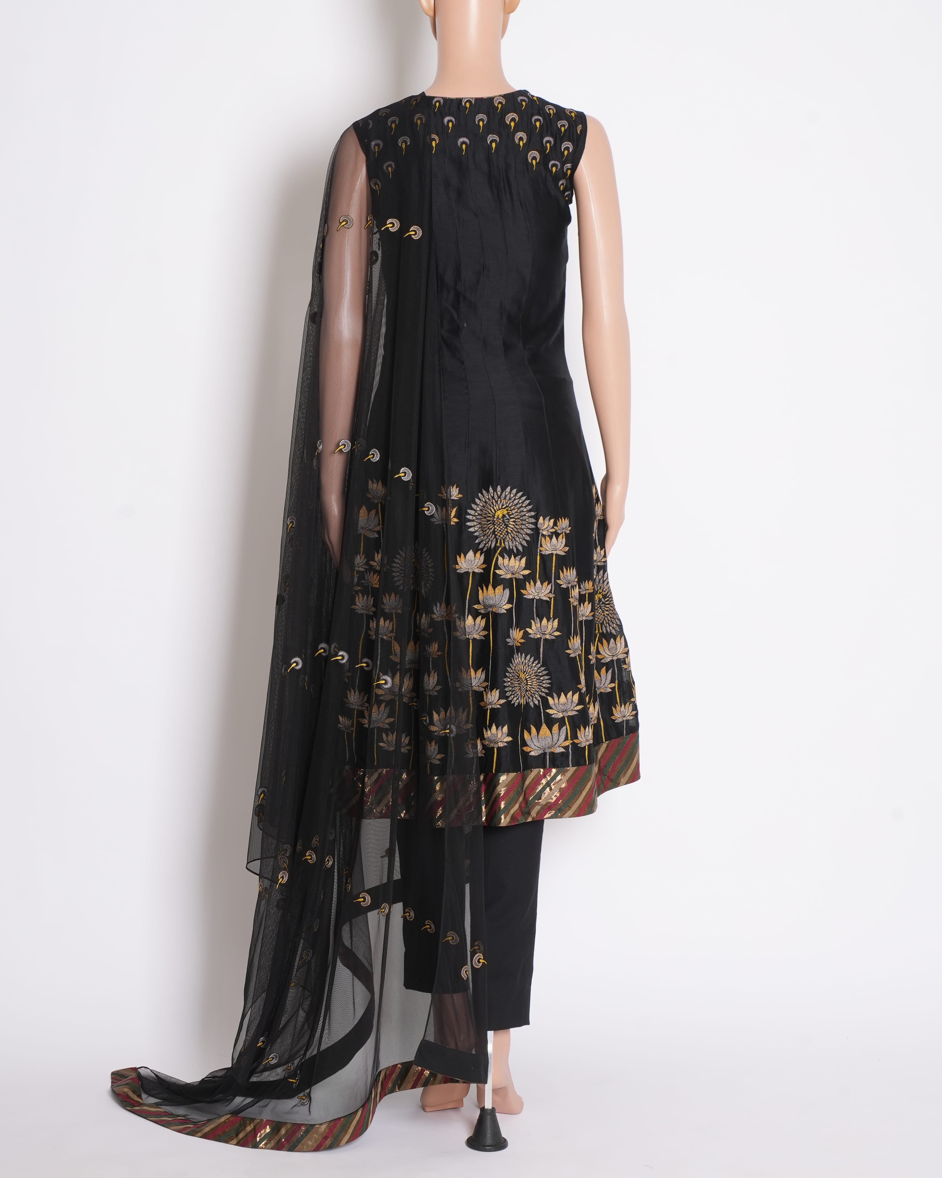 Rohit Bal Anarkali Set of 2 in Black with Lotus Detailing