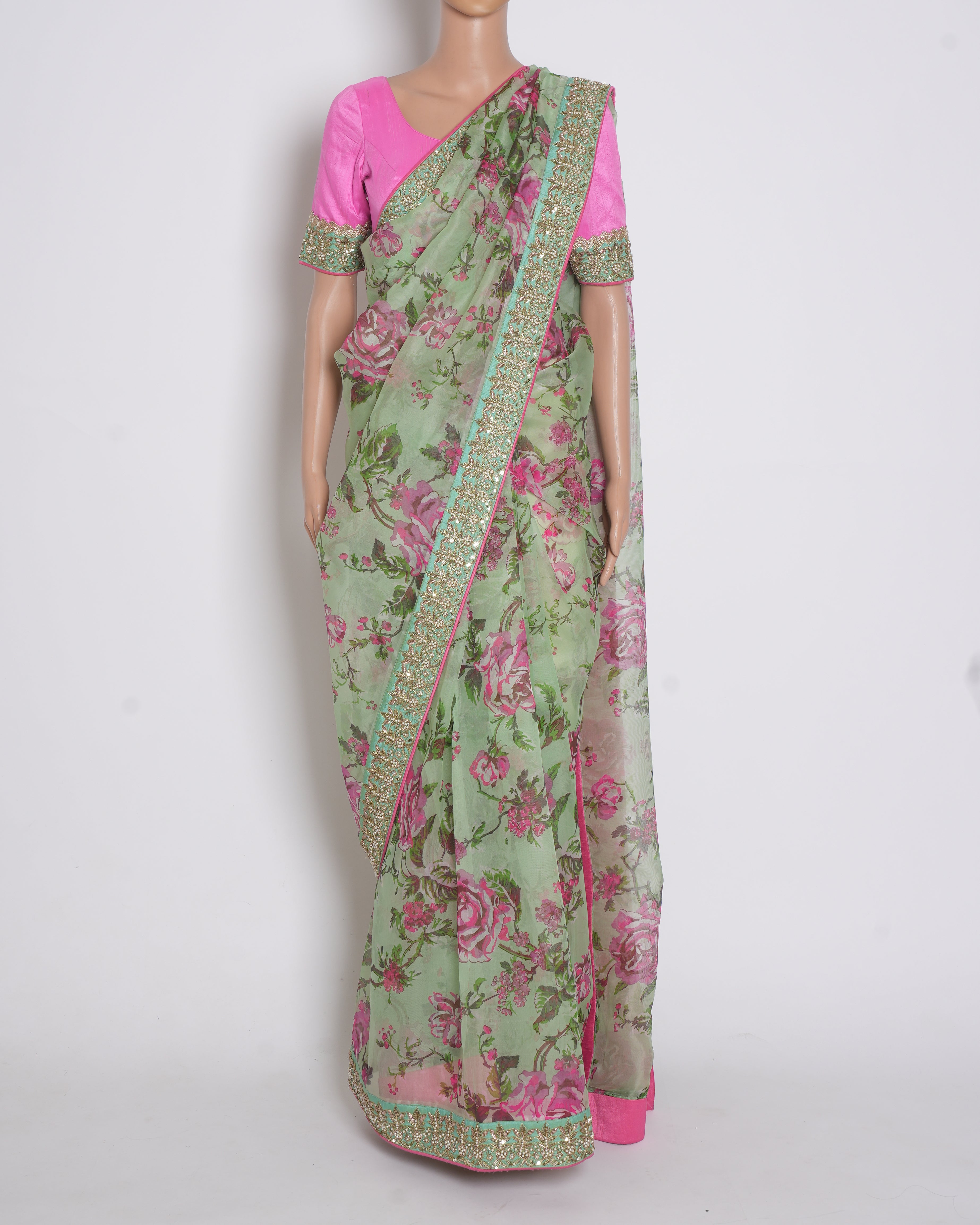 Anushree Reddy set Of 2 Floral Saree In Green With Pink Blouse