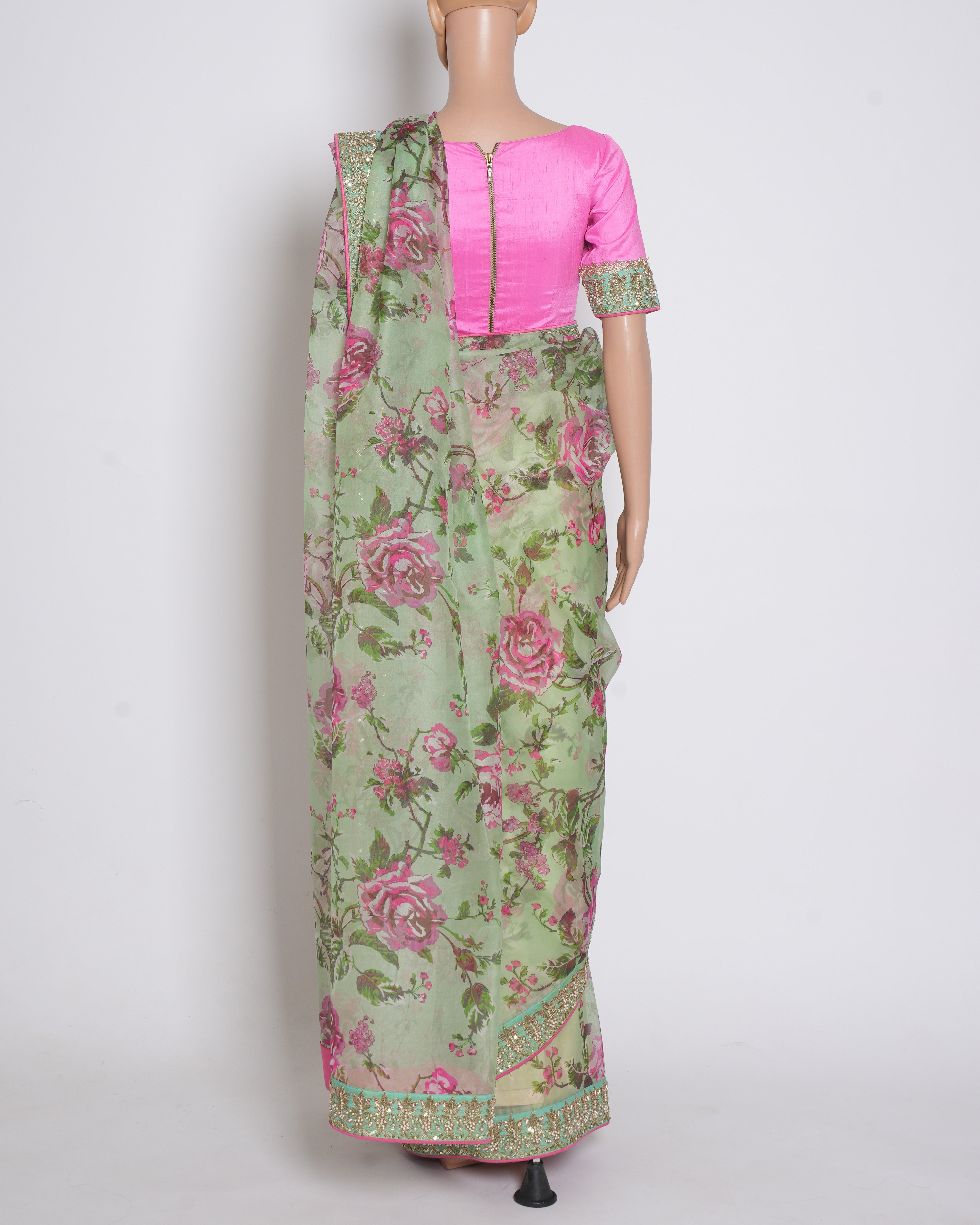 Anushree Reddy set Of 2 Floral Saree In Green With Pink Blouse