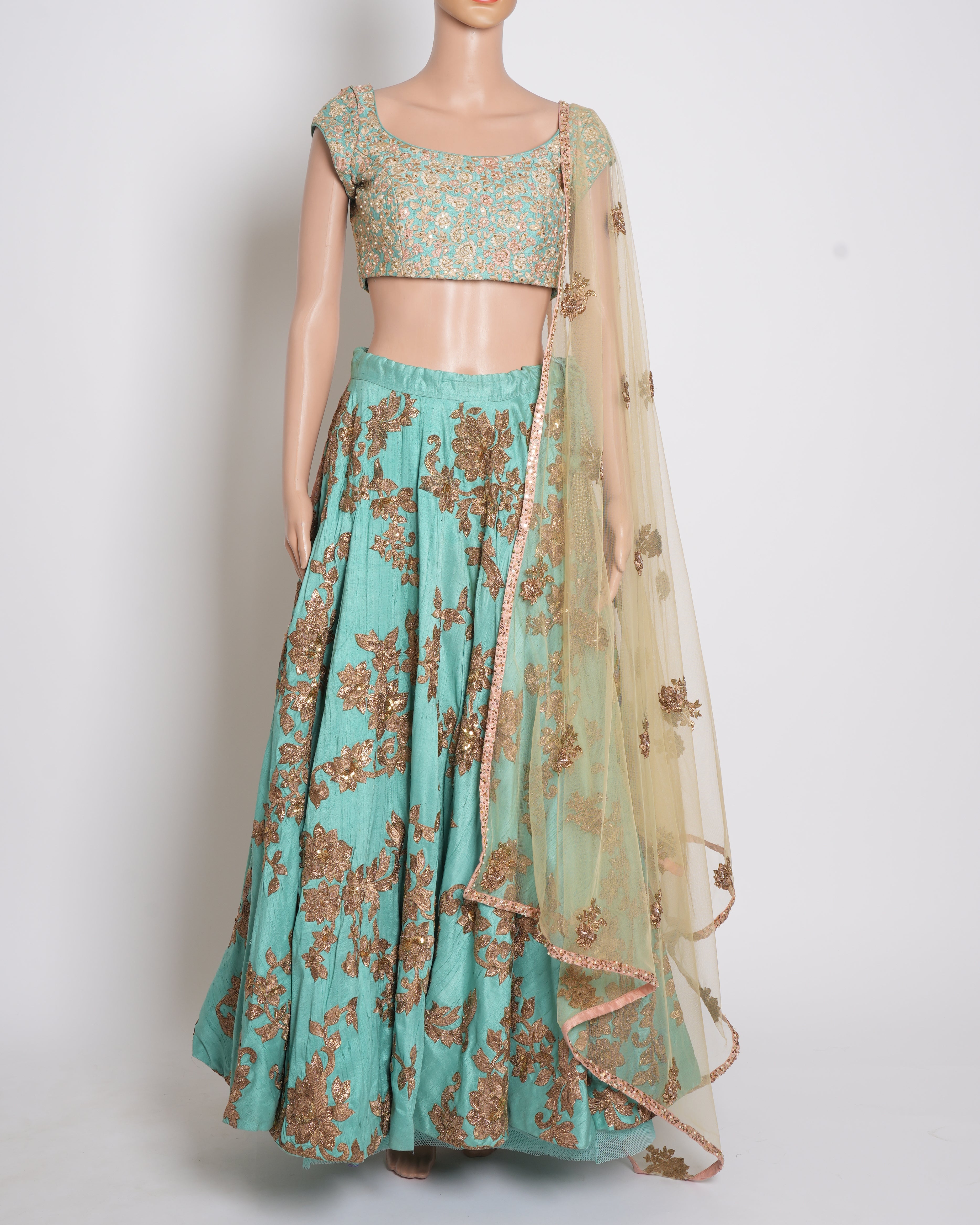 Shyamal & Bhumika teal embroidered lehenga set.