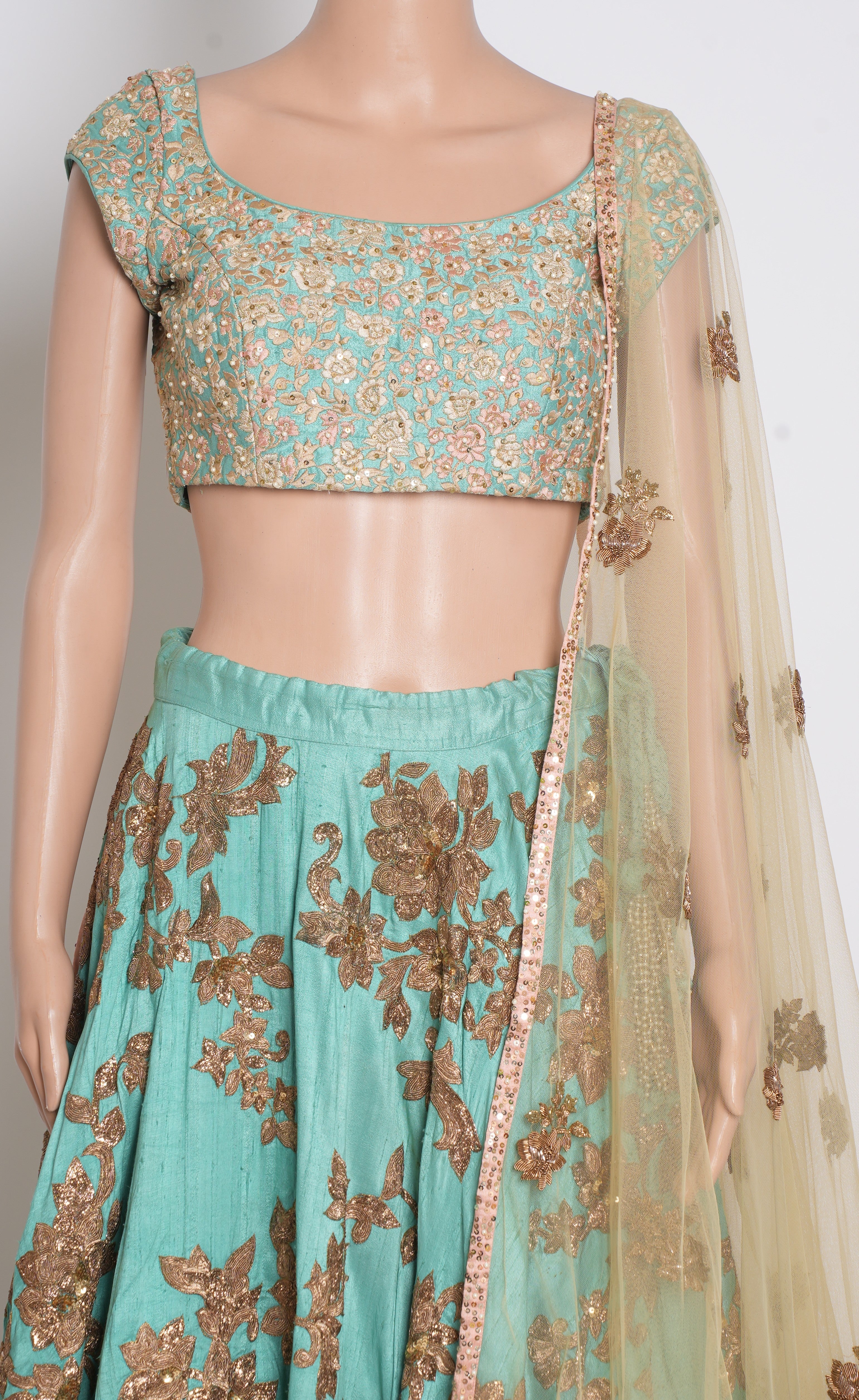 Shyamal & Bhumika teal embroidered lehenga set.