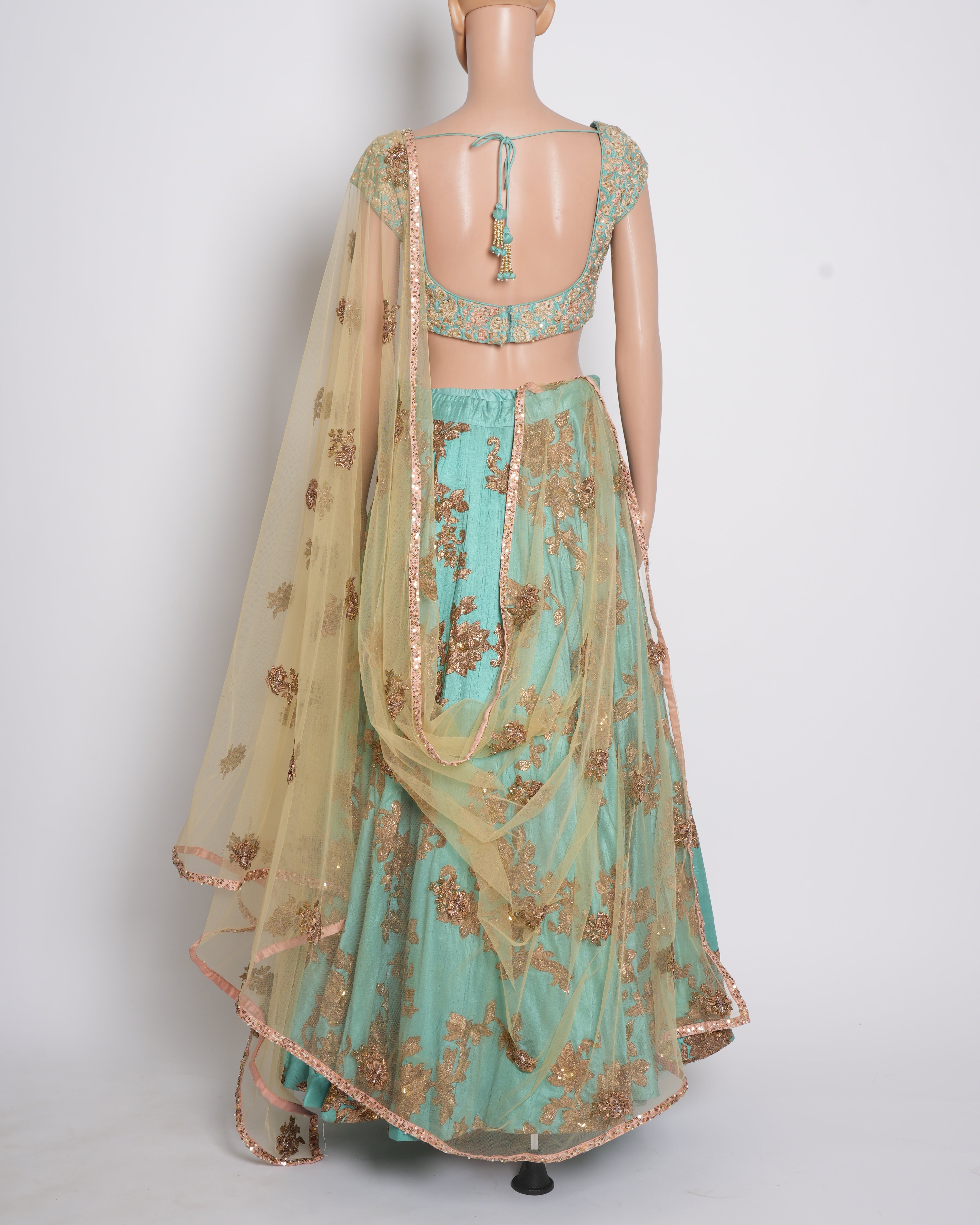 Shyamal & Bhumika teal embroidered lehenga set.