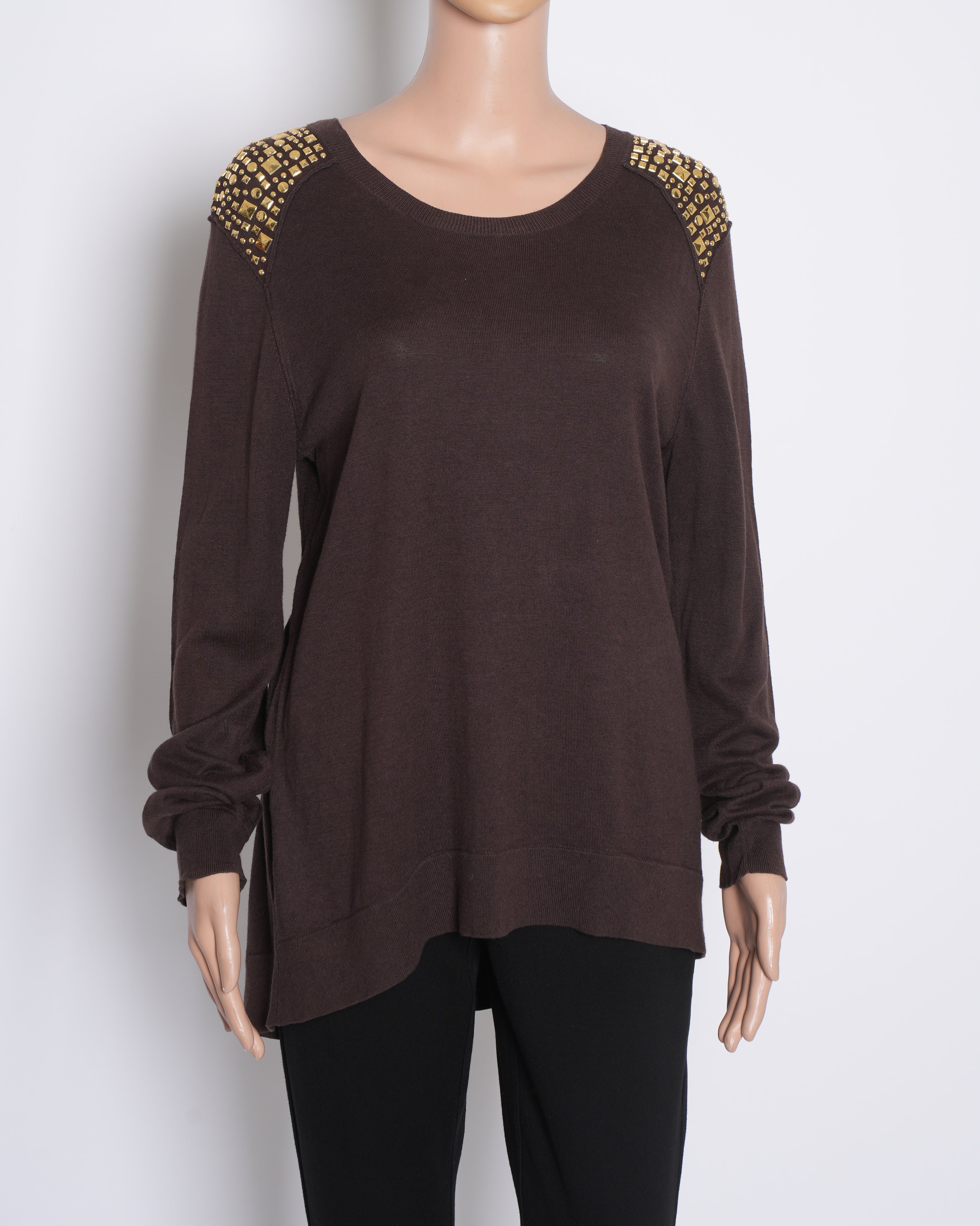 Michael Kors Brown Studded Shoulder Knit Top