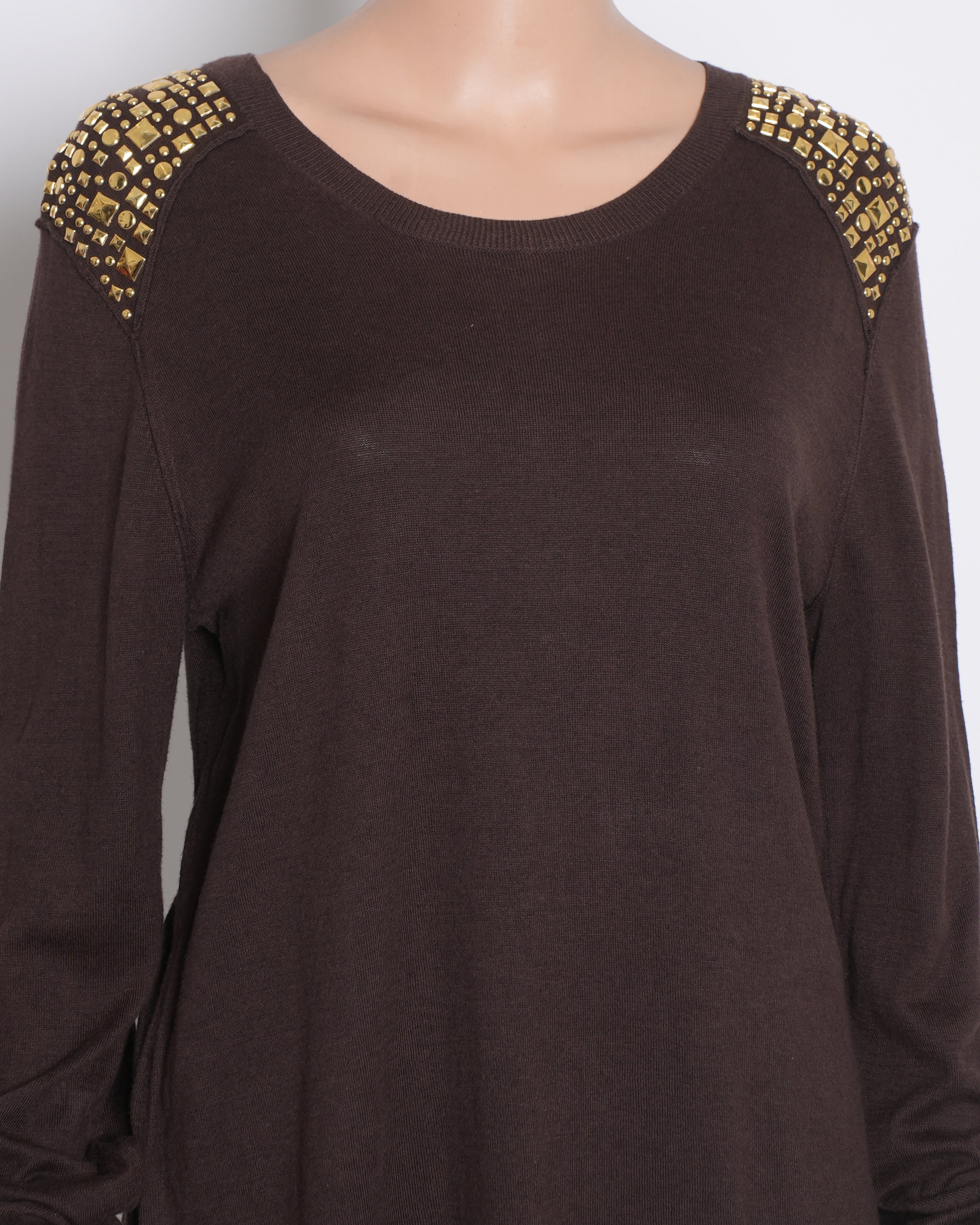 Michael Kors Brown Studded Shoulder Knit Top