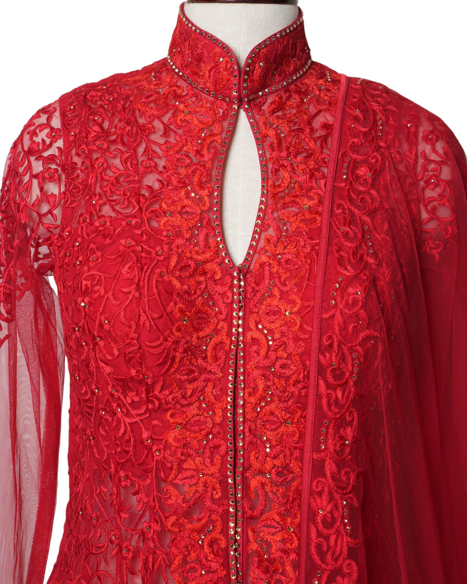 Amber Red Anarkali With Rhinestones