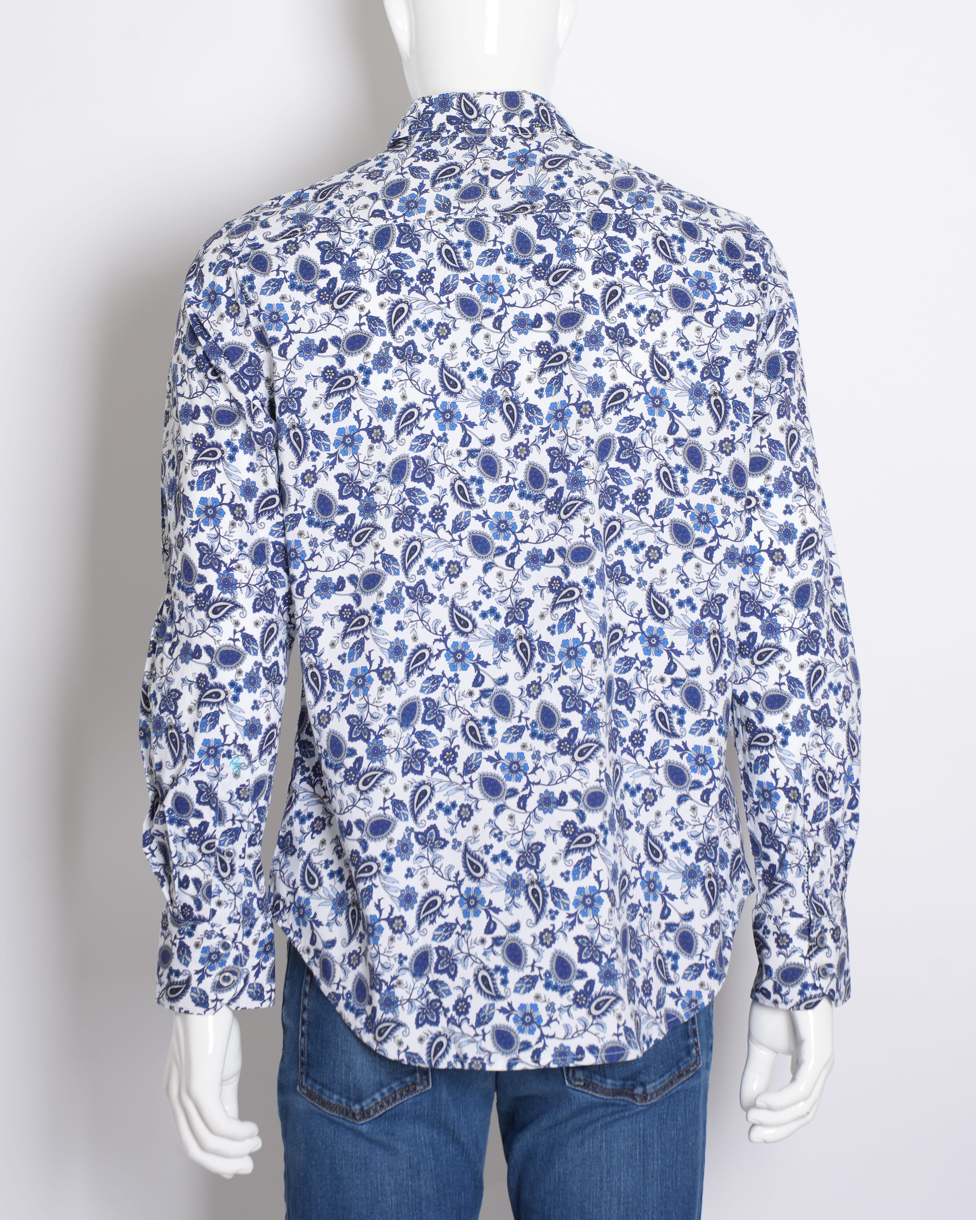 Roberto Graham Blue & White Button Down Full Sleeve Shirt In Paisley Print