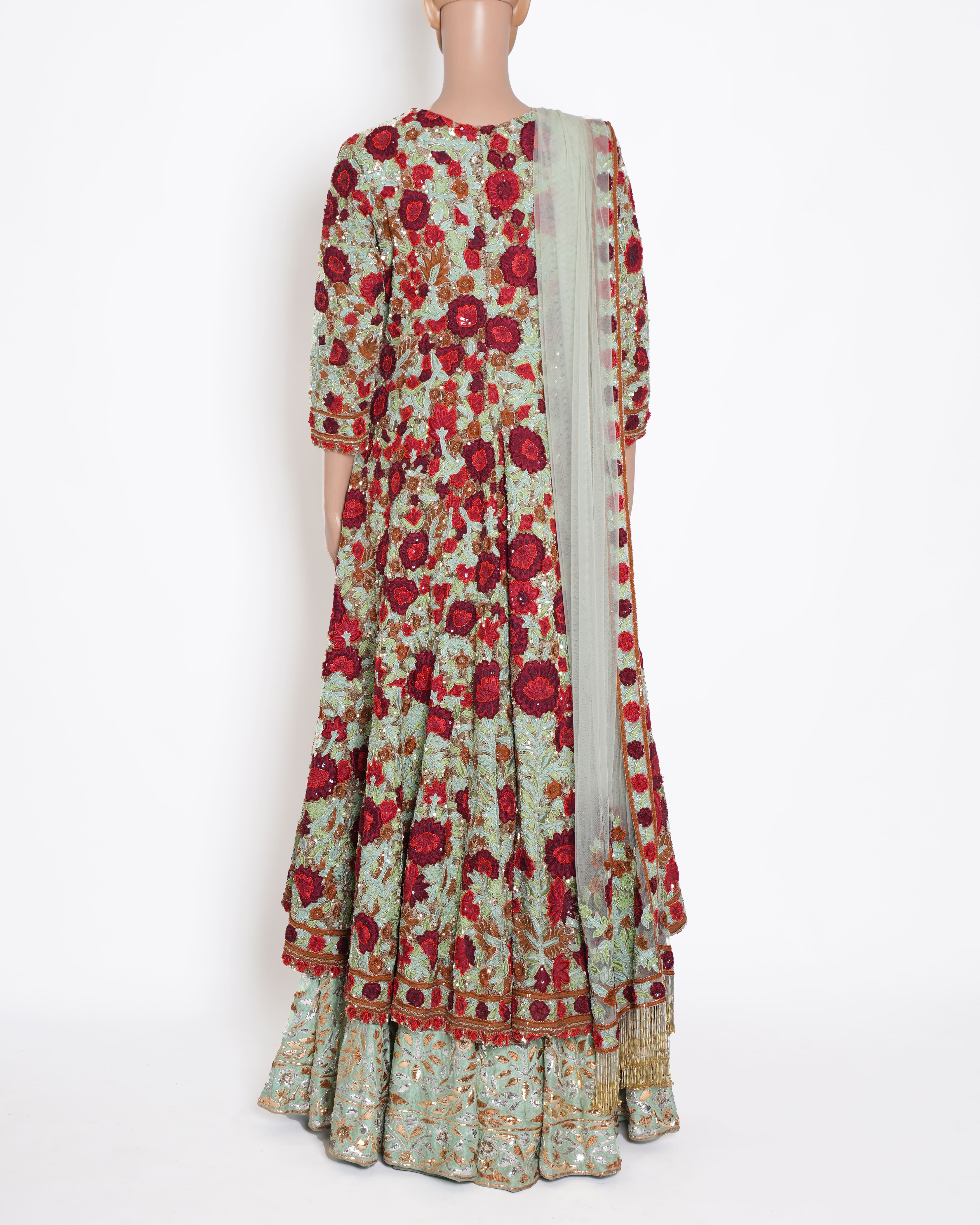 Manish Malhotra Floral Fully Embroidered Lehenga Set In Sage Green & Maroon