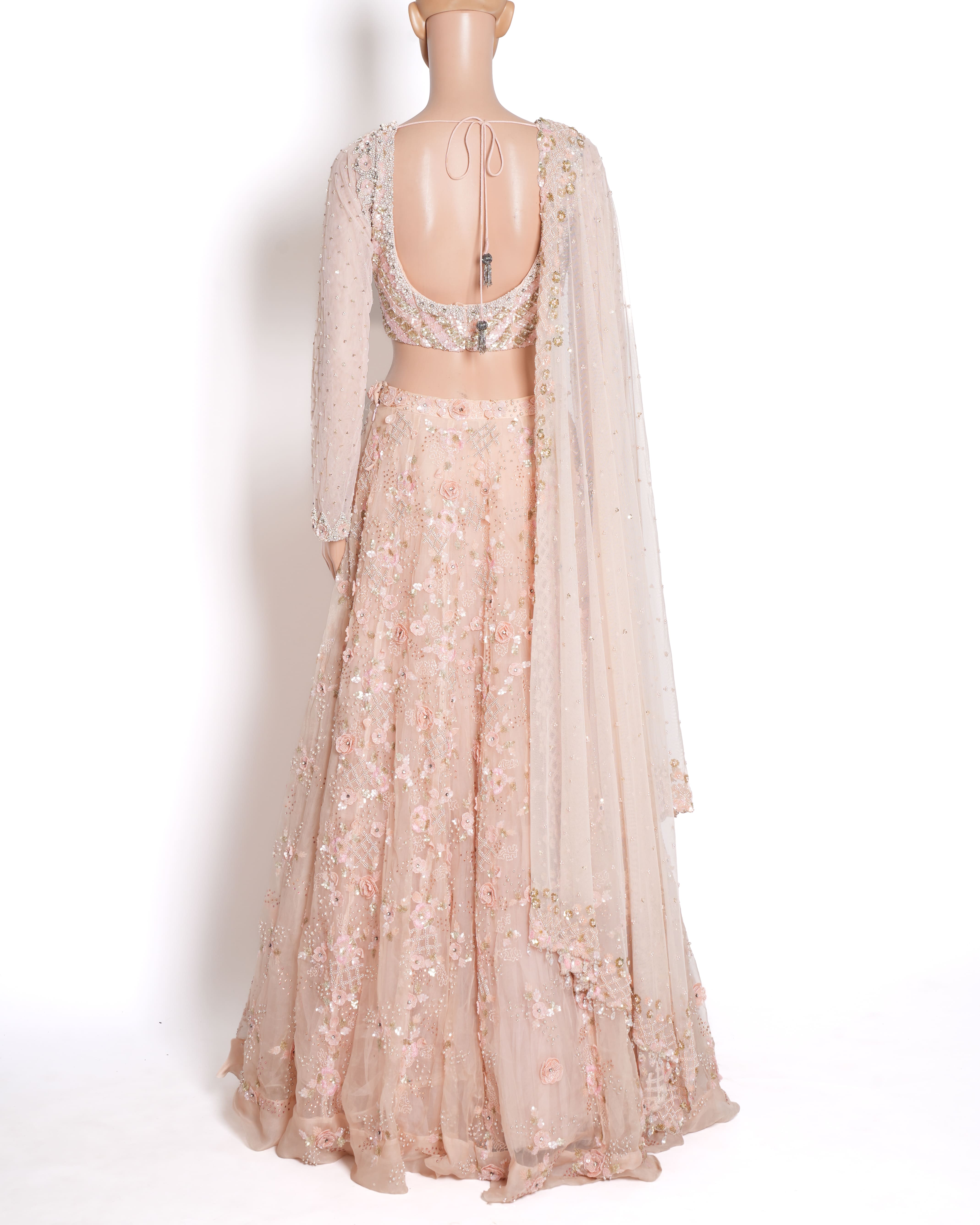 Natasha Dalal Peach Floral Applique Lehenga Set