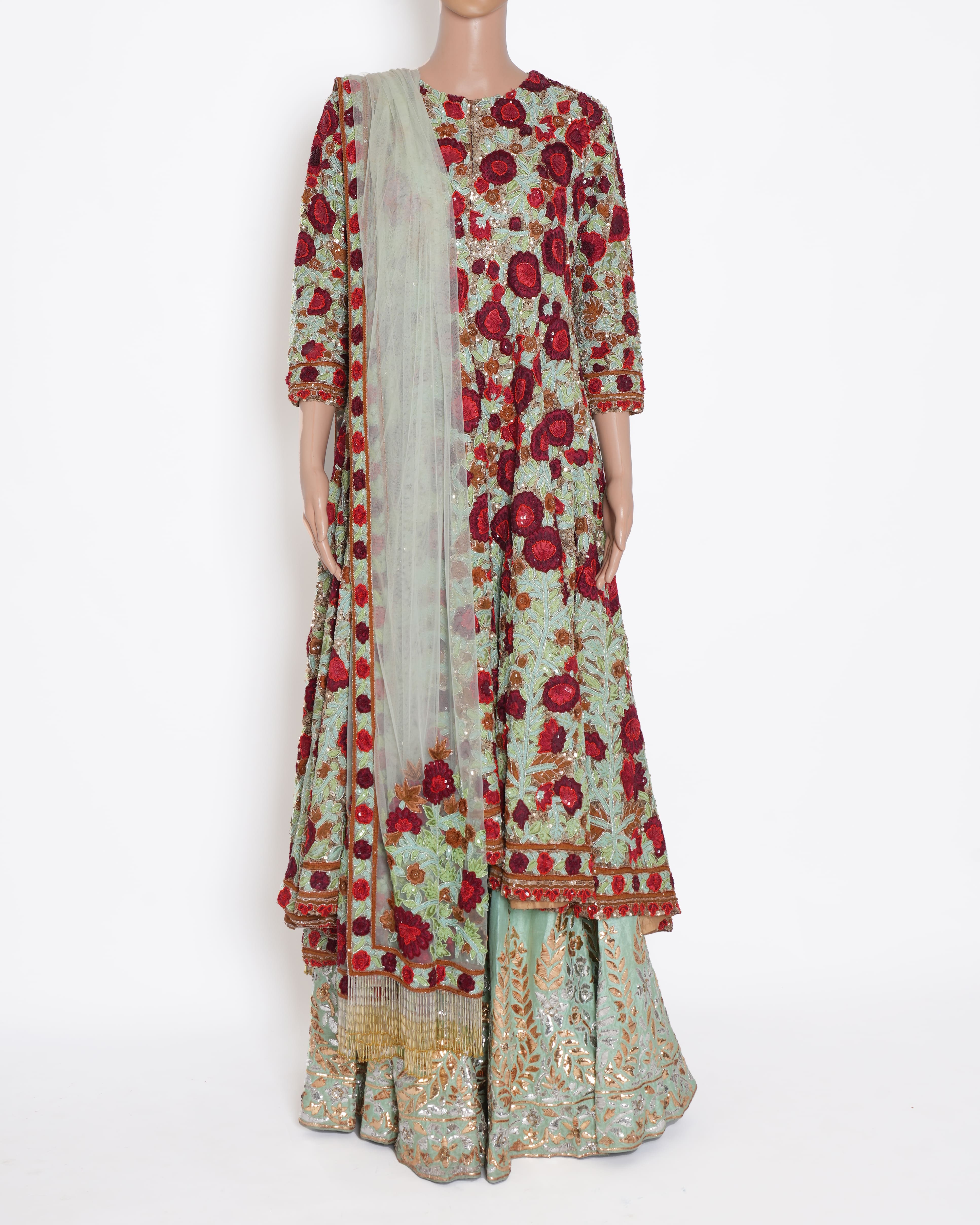 Manish Malhotra Floral Fully Embroidered Lehenga Set In Sage Green & Maroon