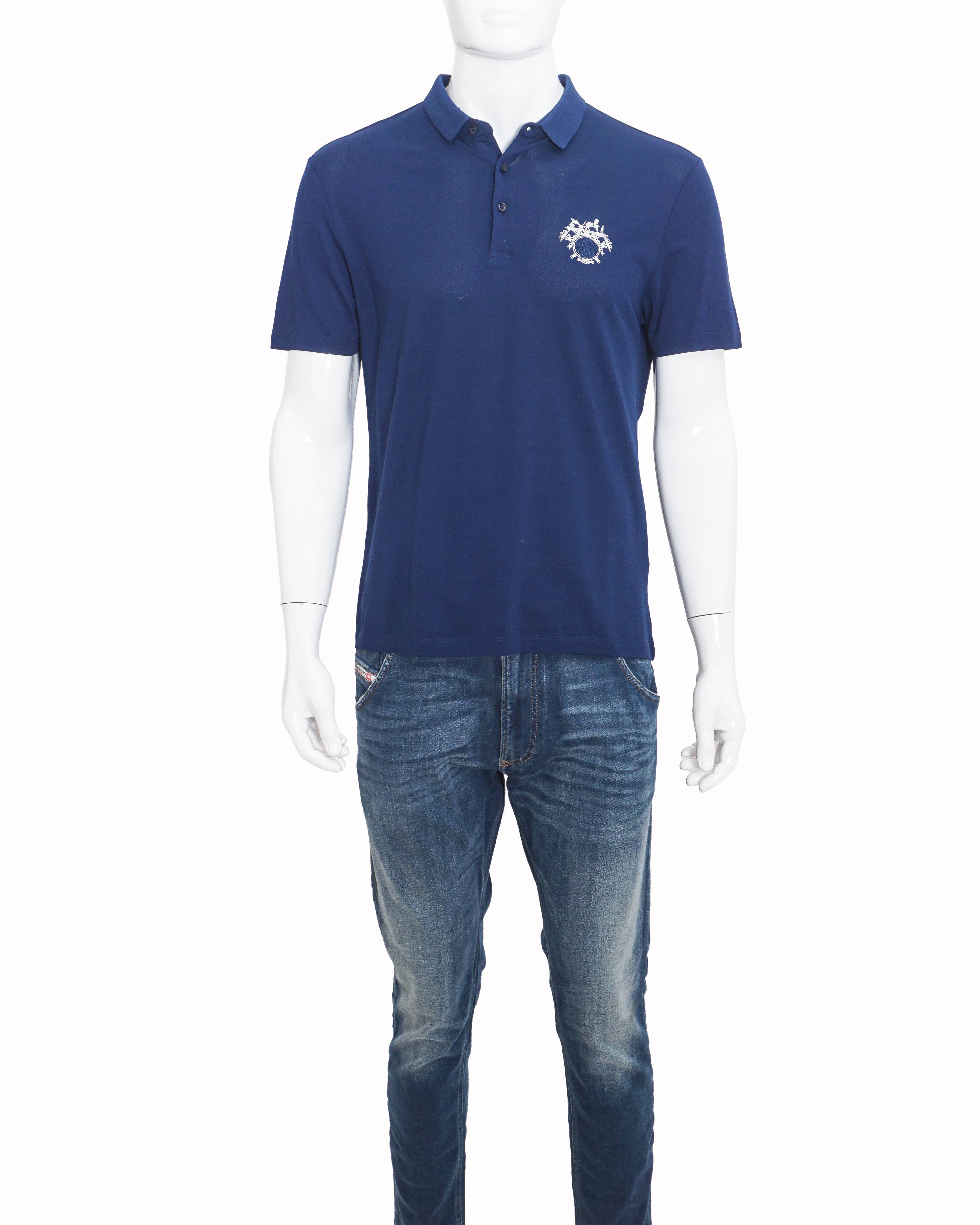 Hermès Royal Blue Embroidered Crest Polo T-Shirt