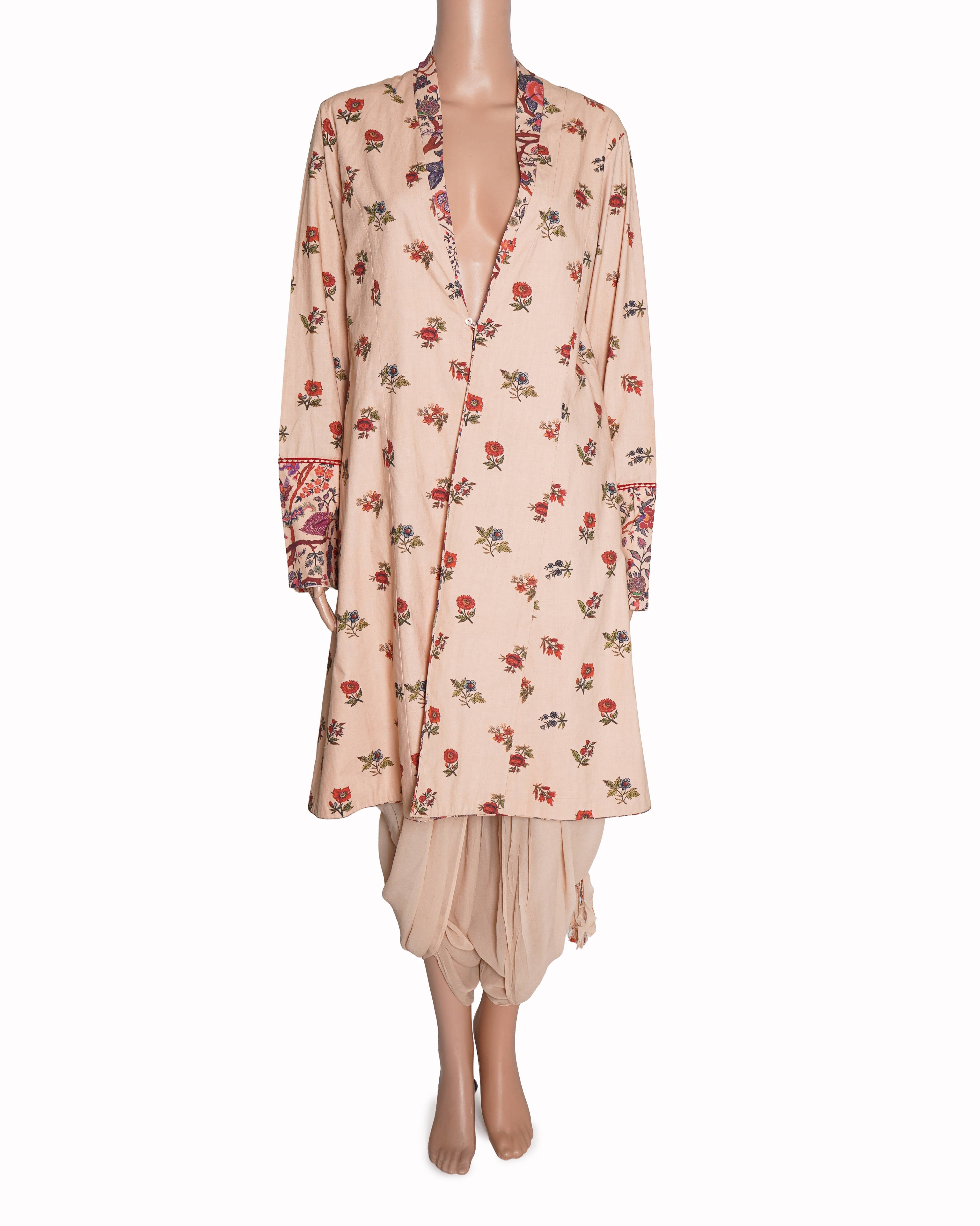 New Nikasha Light Pink Floral Printed Jacket Kurta and Dhoti Set