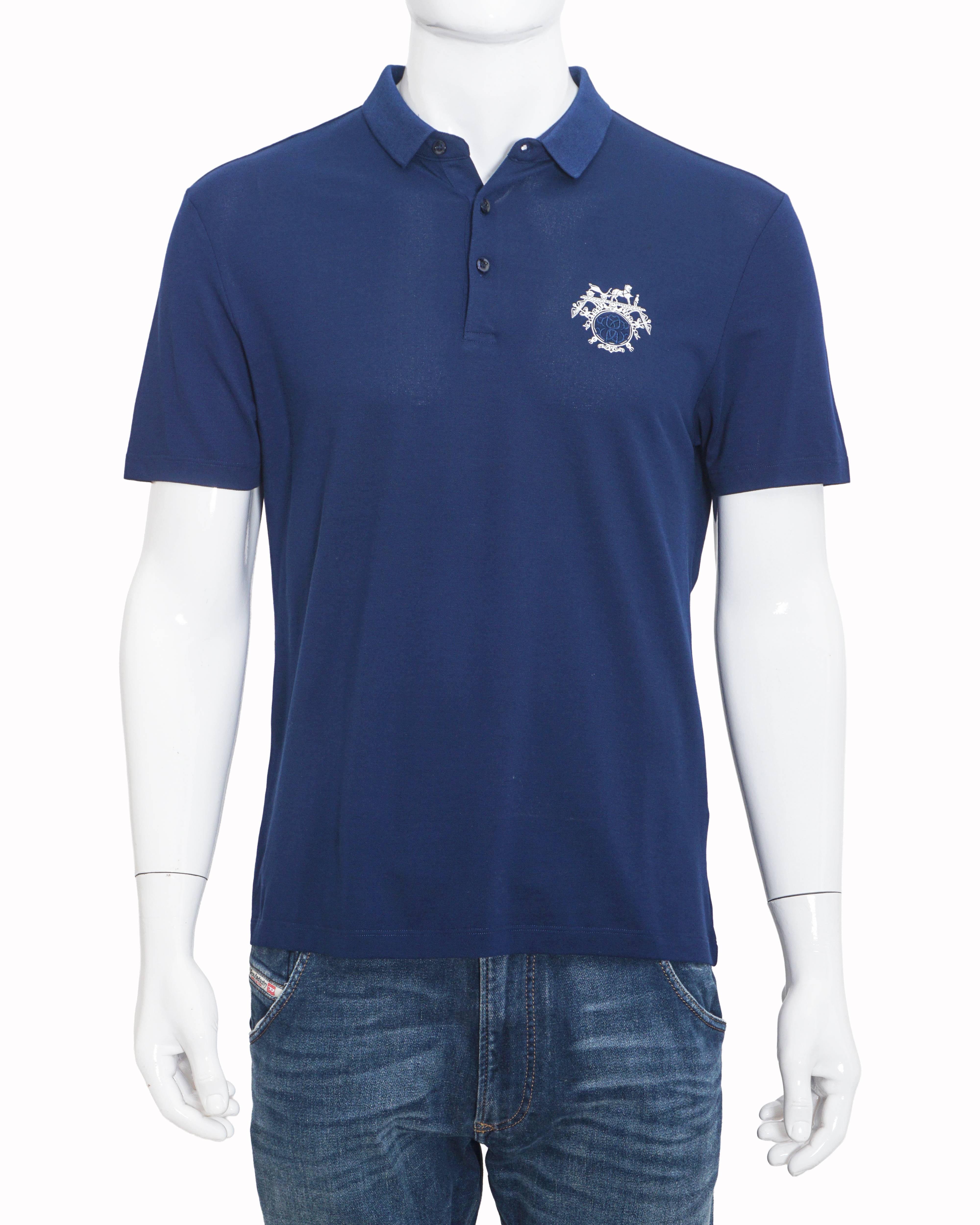Hermès Royal Blue Embroidered Crest Polo T-Shirt