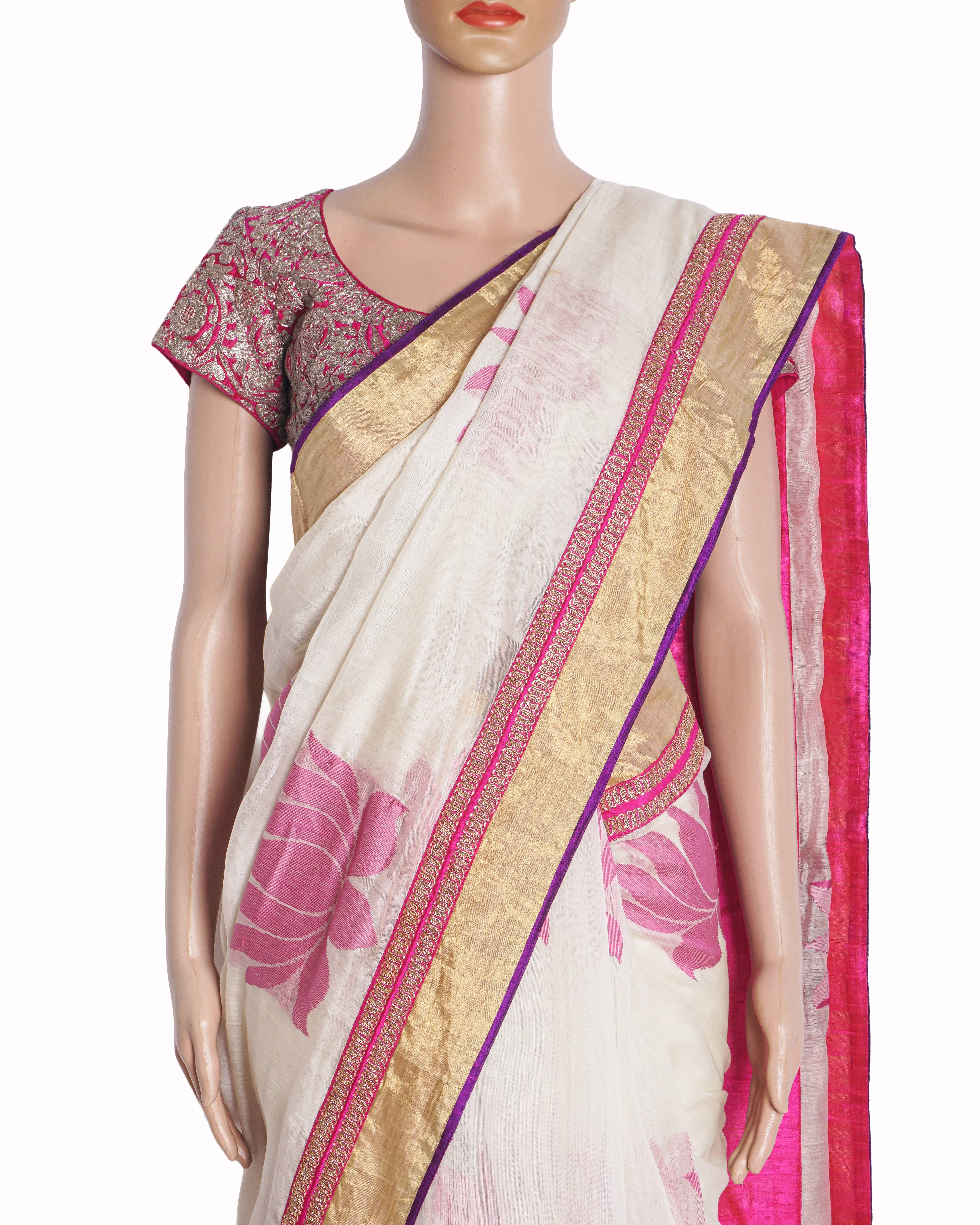 Anamika Khanna Ivory Pink Lotus Saree with Heavy Zardozi Blouse