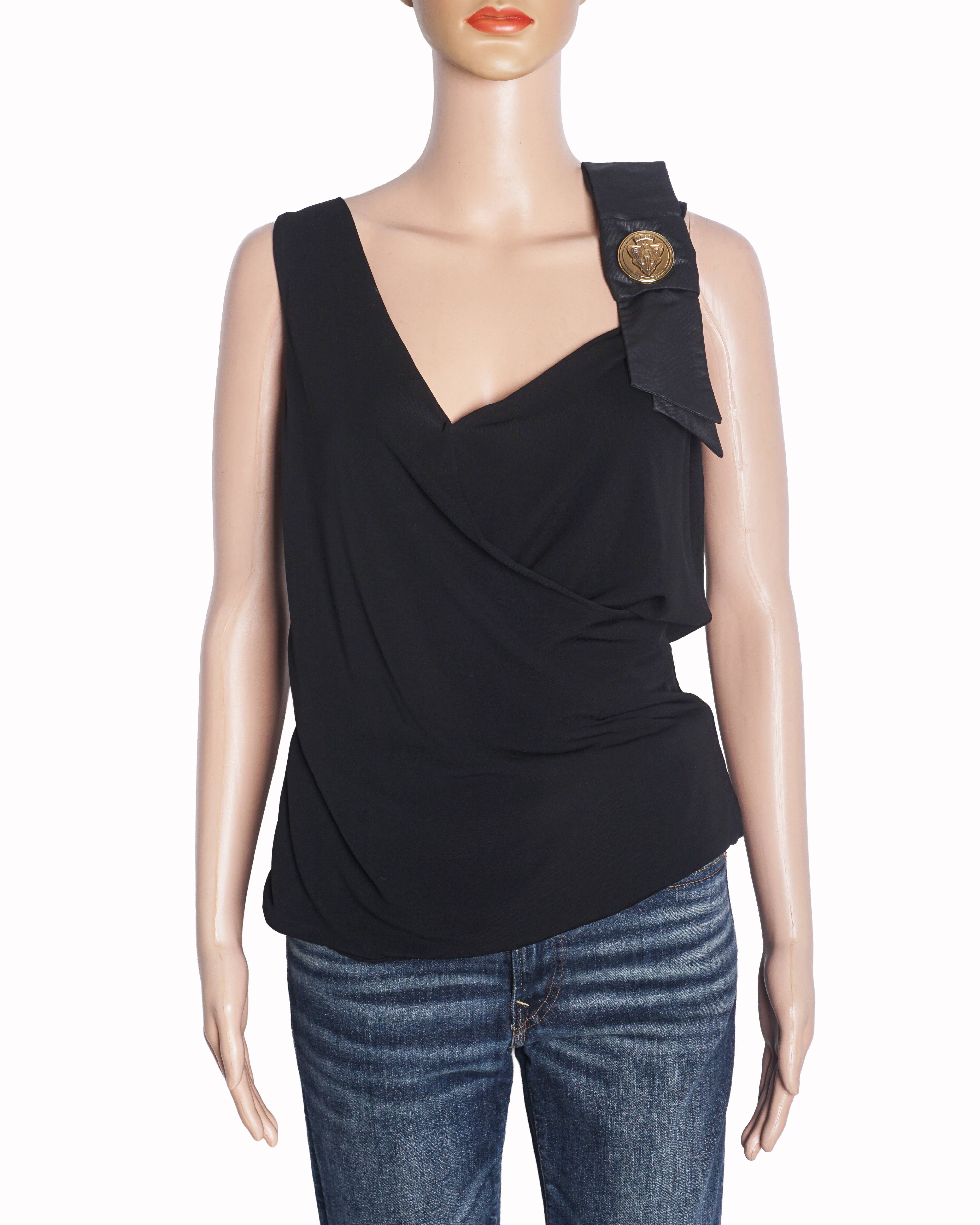 Gucci Black Draped V-Neck Top with Gold Crest