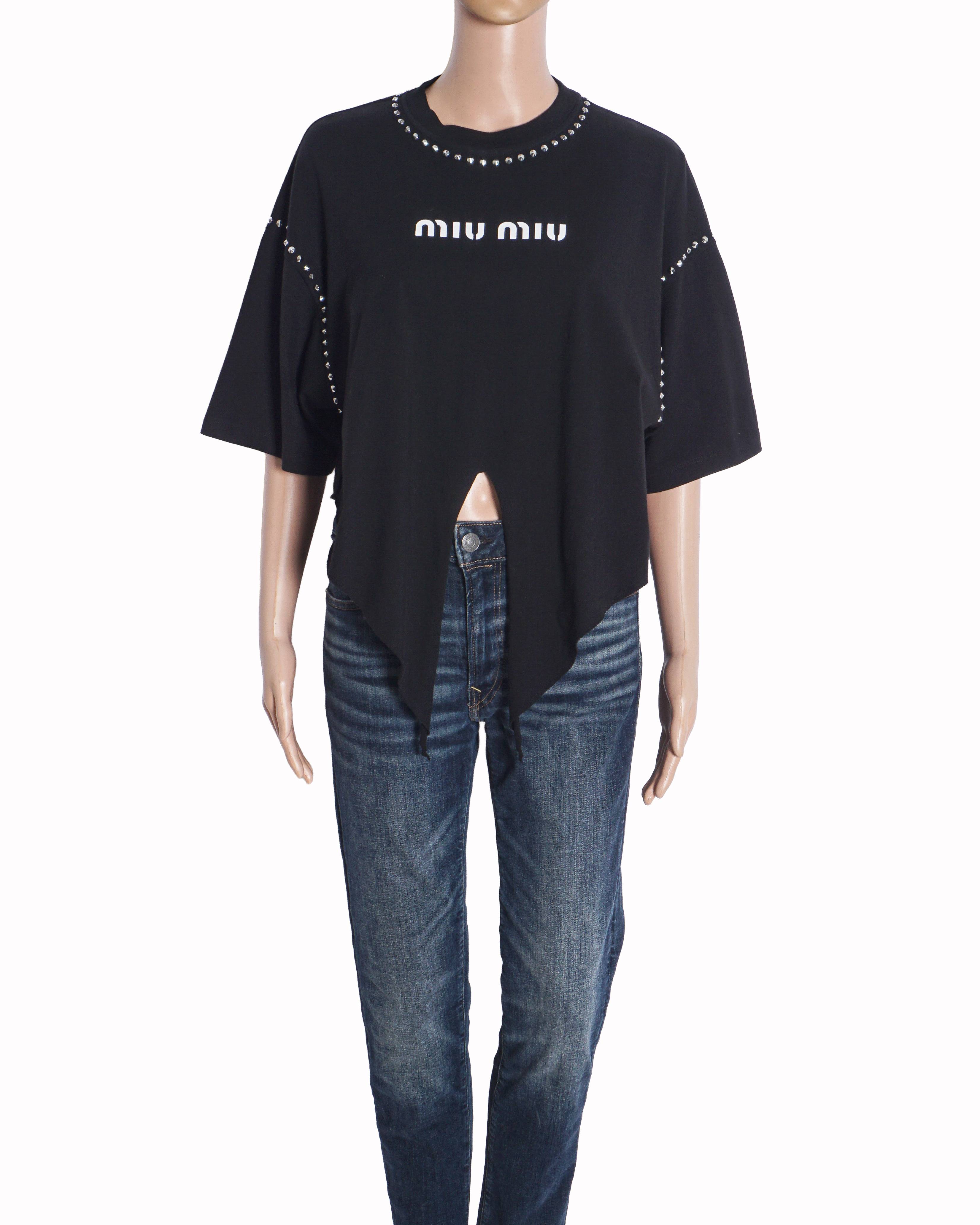 Miu Miu Black Studded Neck Cropped Logo T-Shirt