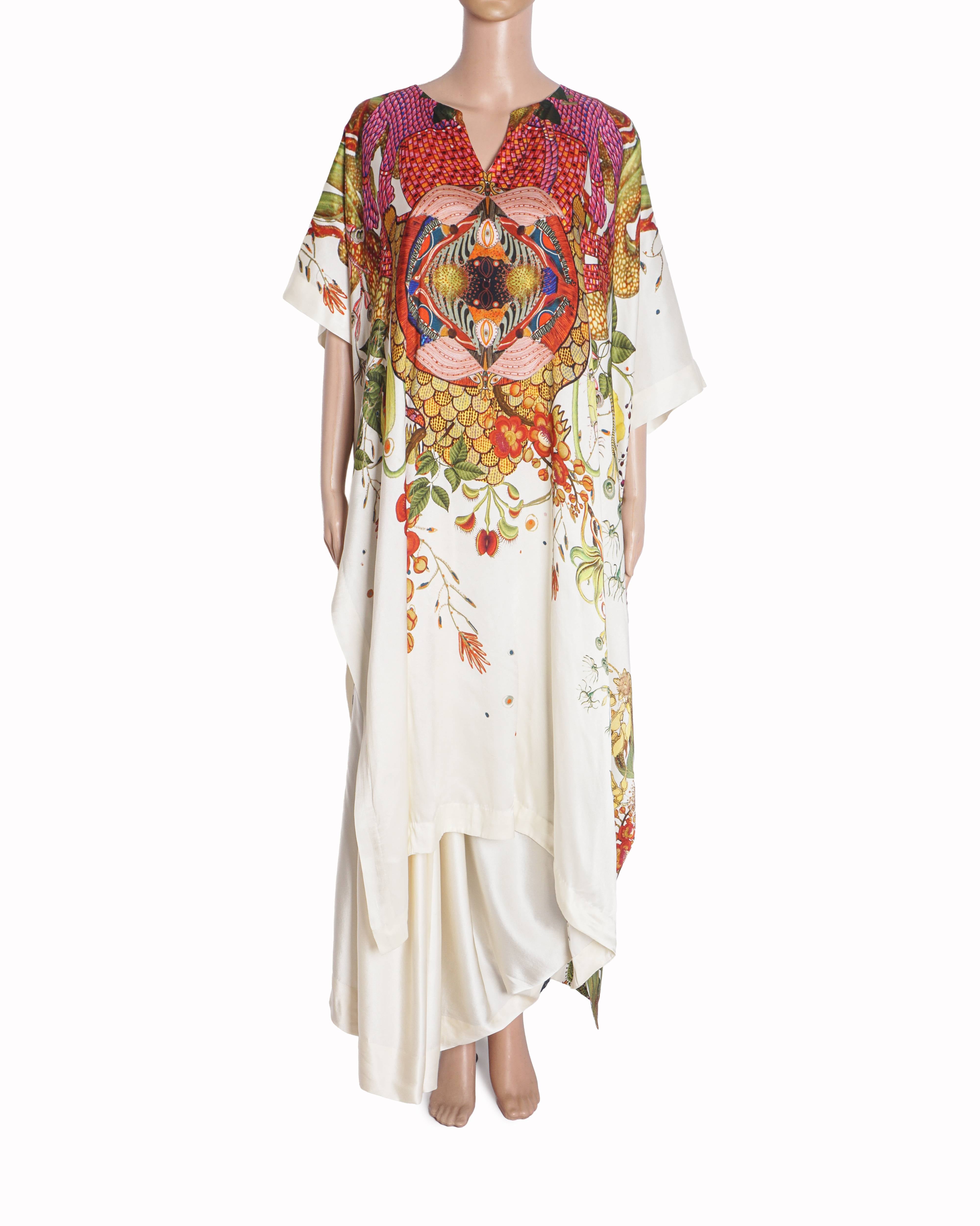 AK-OK White Printed Silk Kaftan Set