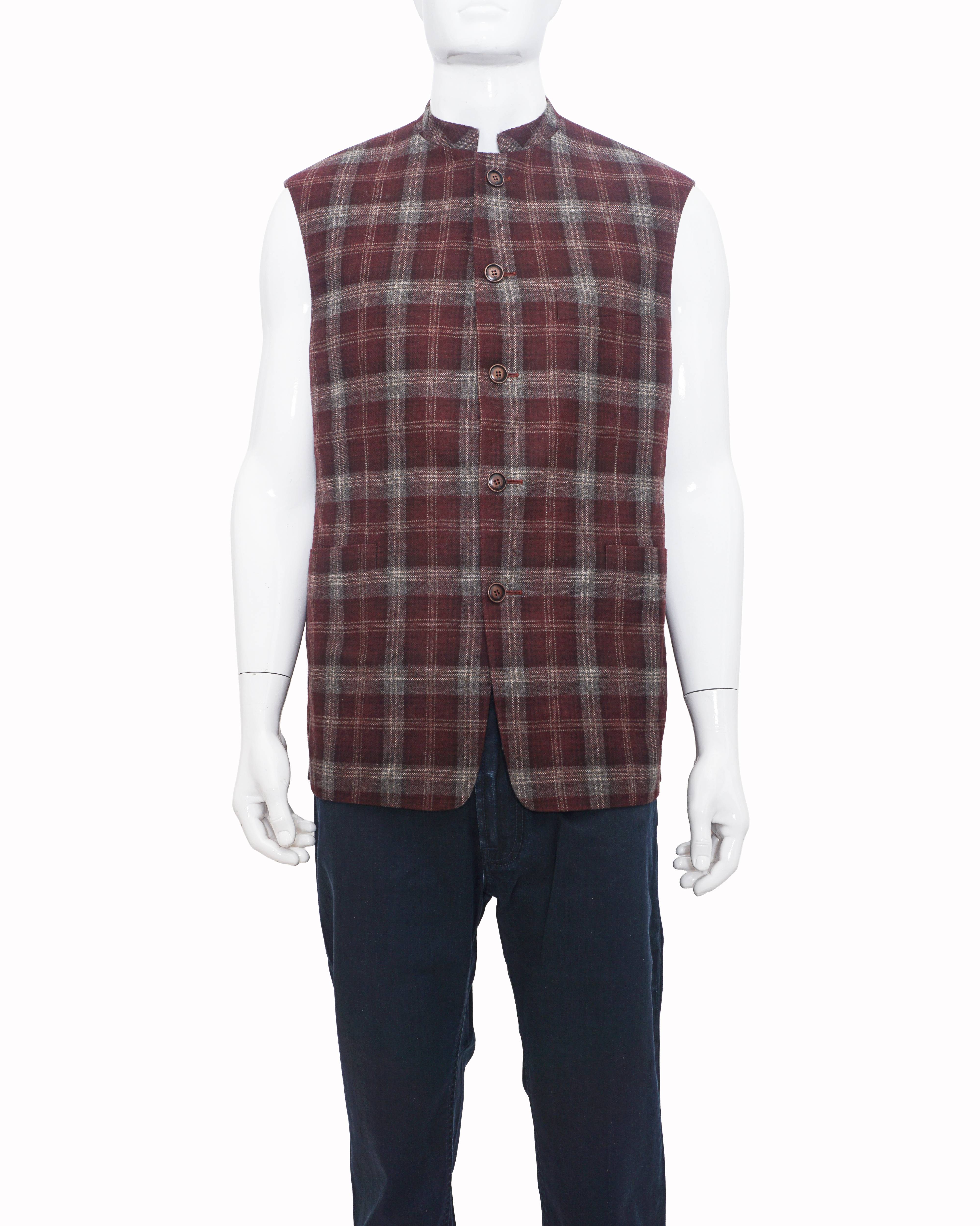 Canali Men's Burgundy Plaid Wool Bundi Nehru Jacket