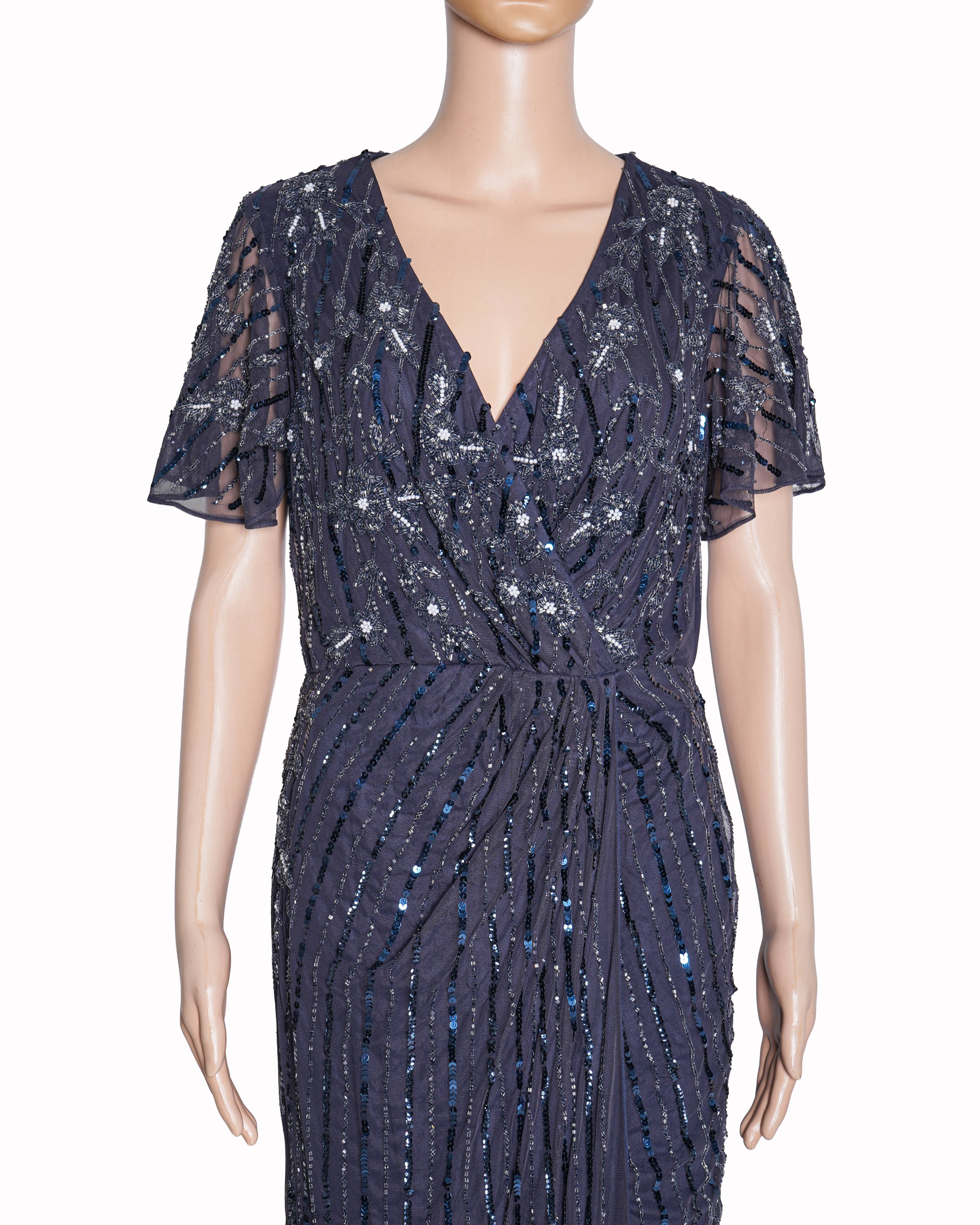Mac Duggal Sequins Navy Blue Front Slit Dress