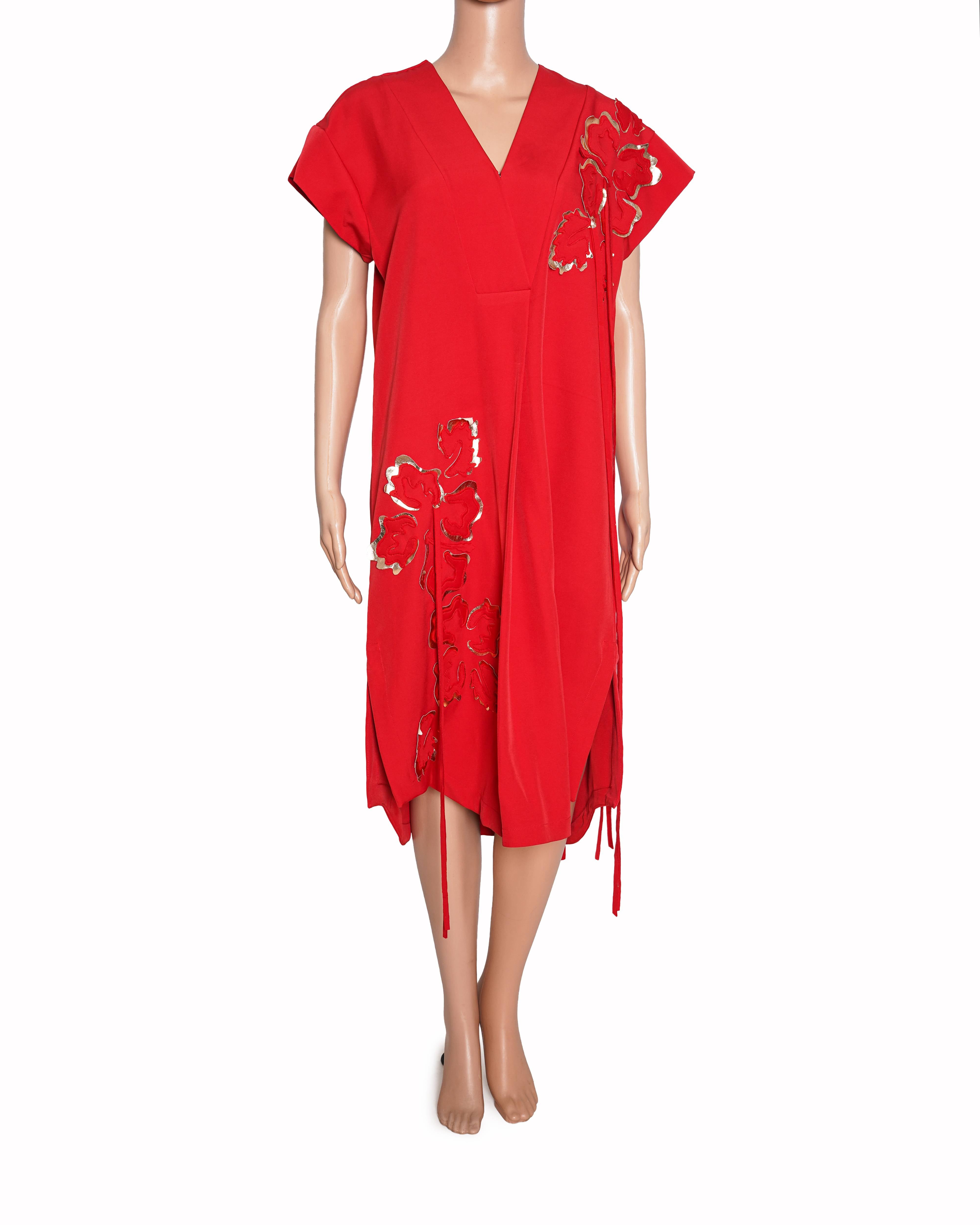 Vidhi Wadhwani Red Cotton Embroidery V-neck Foliage Applique Midi Dress