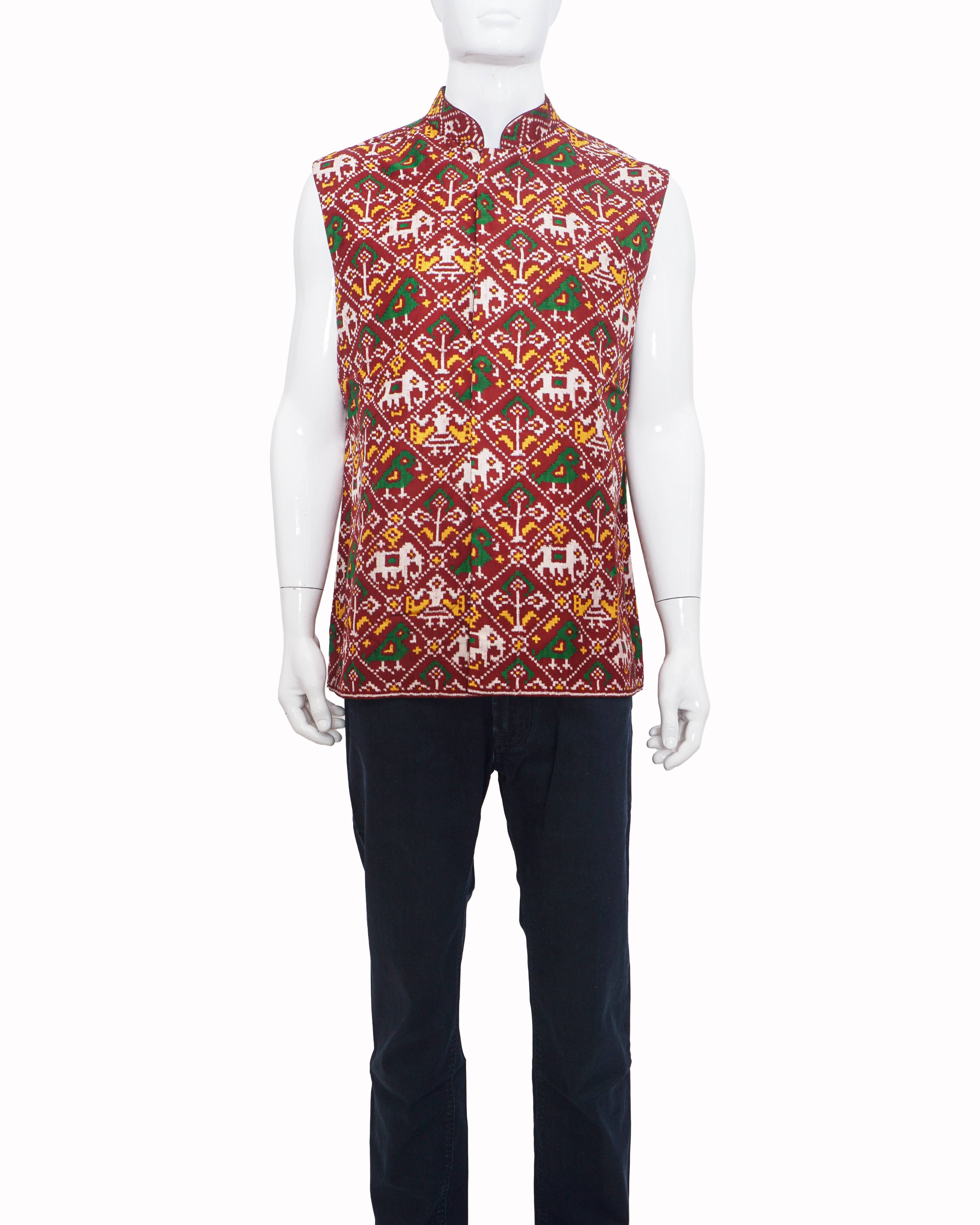 Gaurang Patan Patola Silk Red Handloom Men's Bundi Jacket