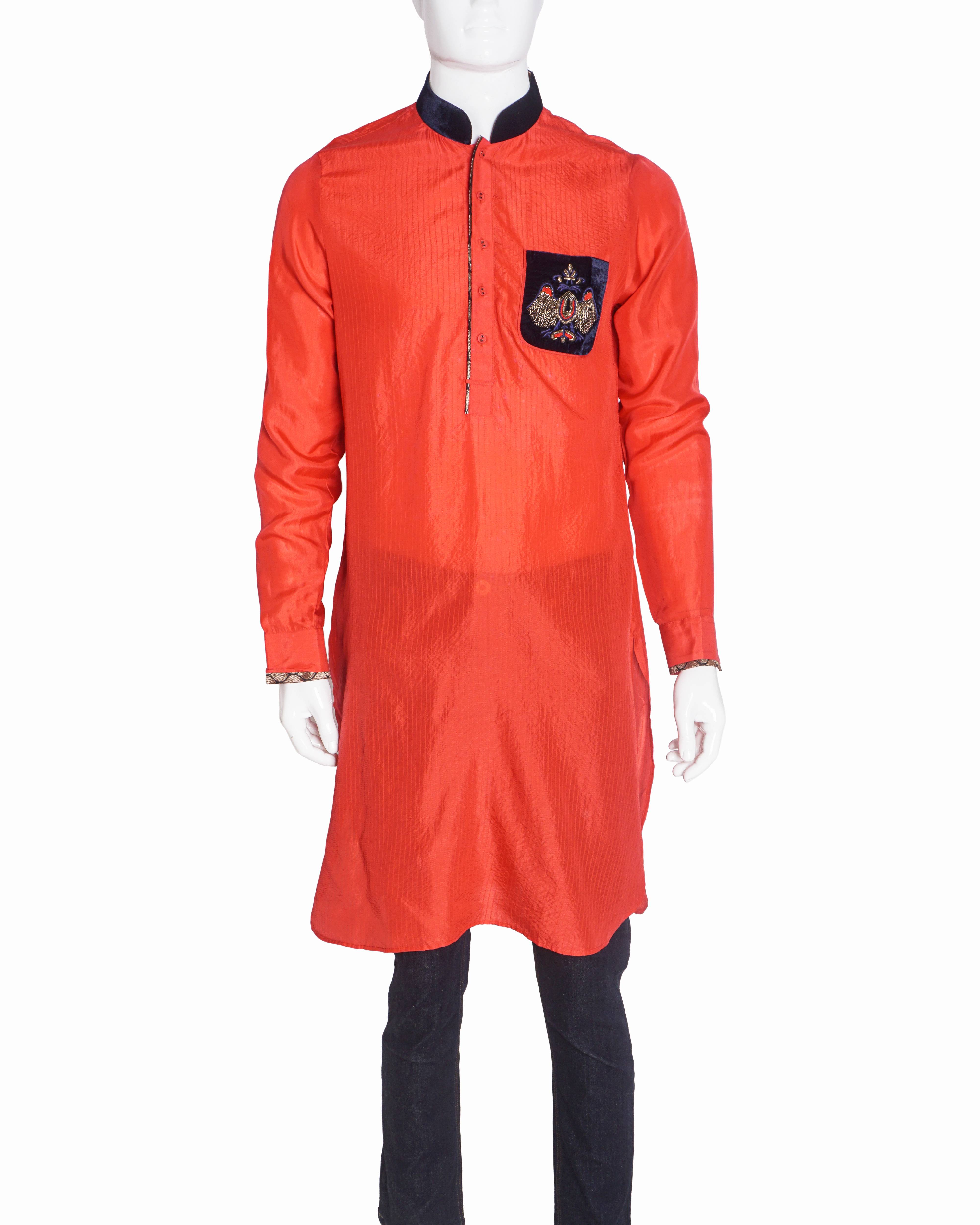 Rohit Gandhi & Rahul Khanna Red Crest Embroidered Kurta