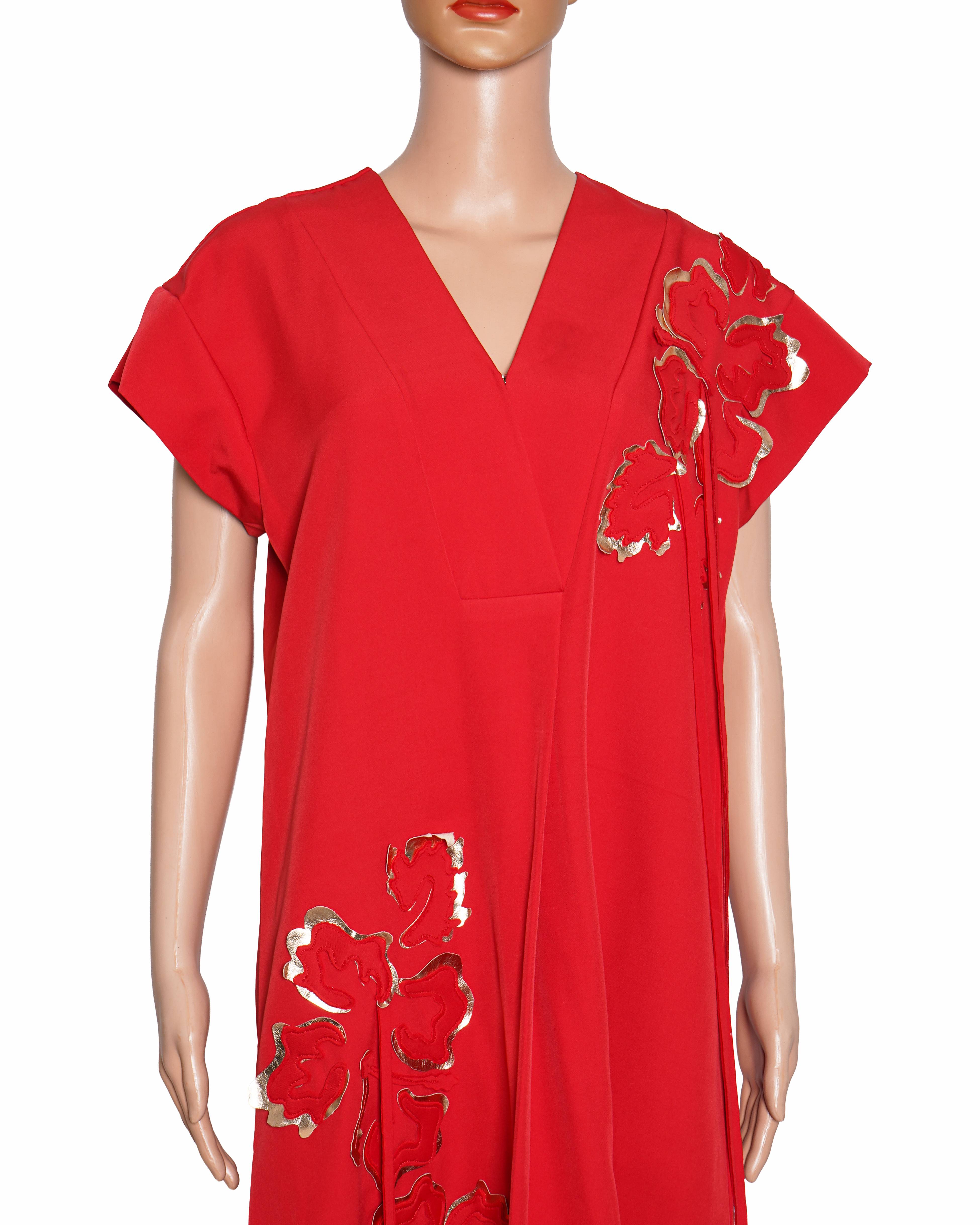 Vidhi Wadhwani Red Cotton Embroidery V-neck Foliage Applique Midi Dress