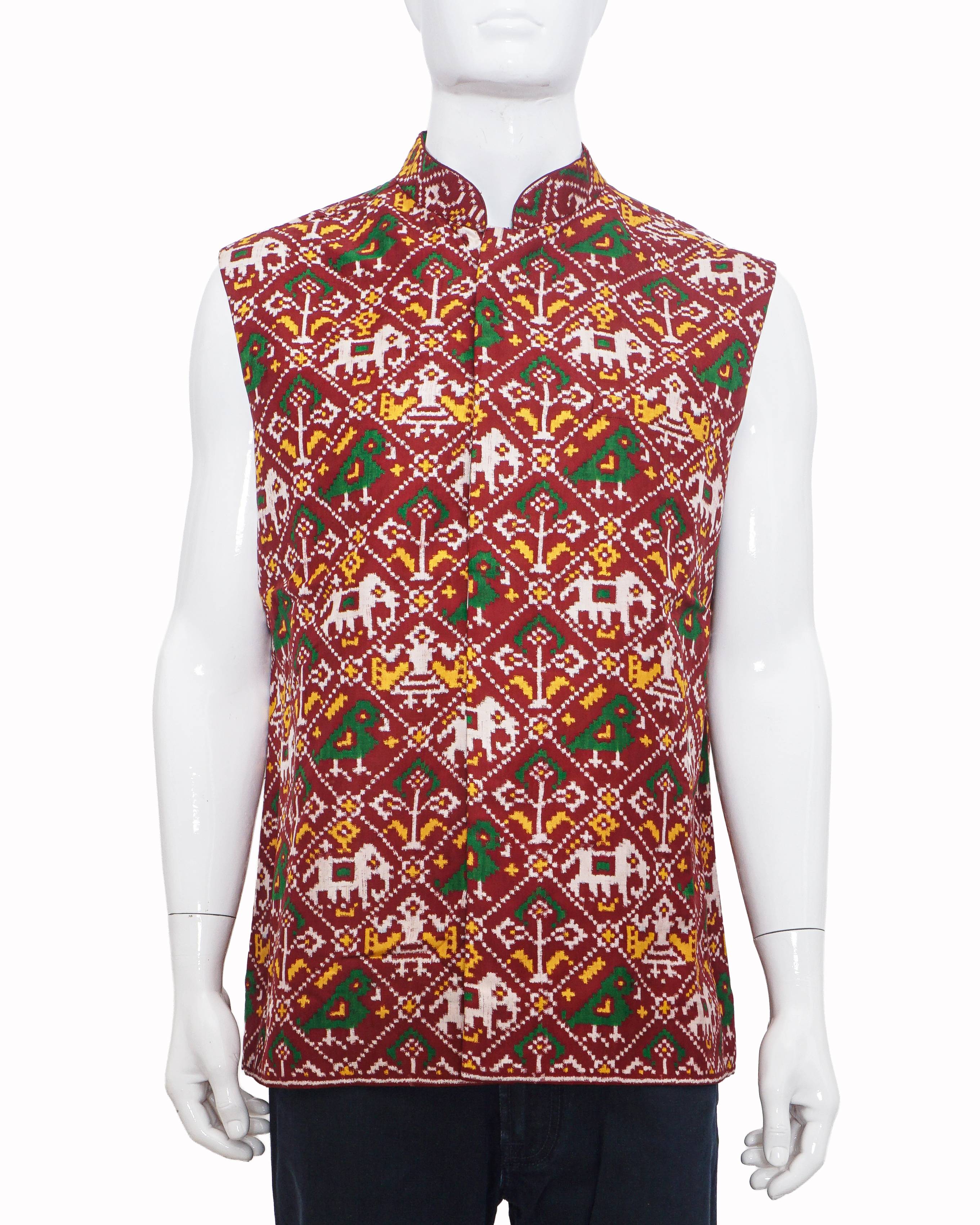Gaurang Patan Patola Silk Red Handloom Men's Bundi Jacket