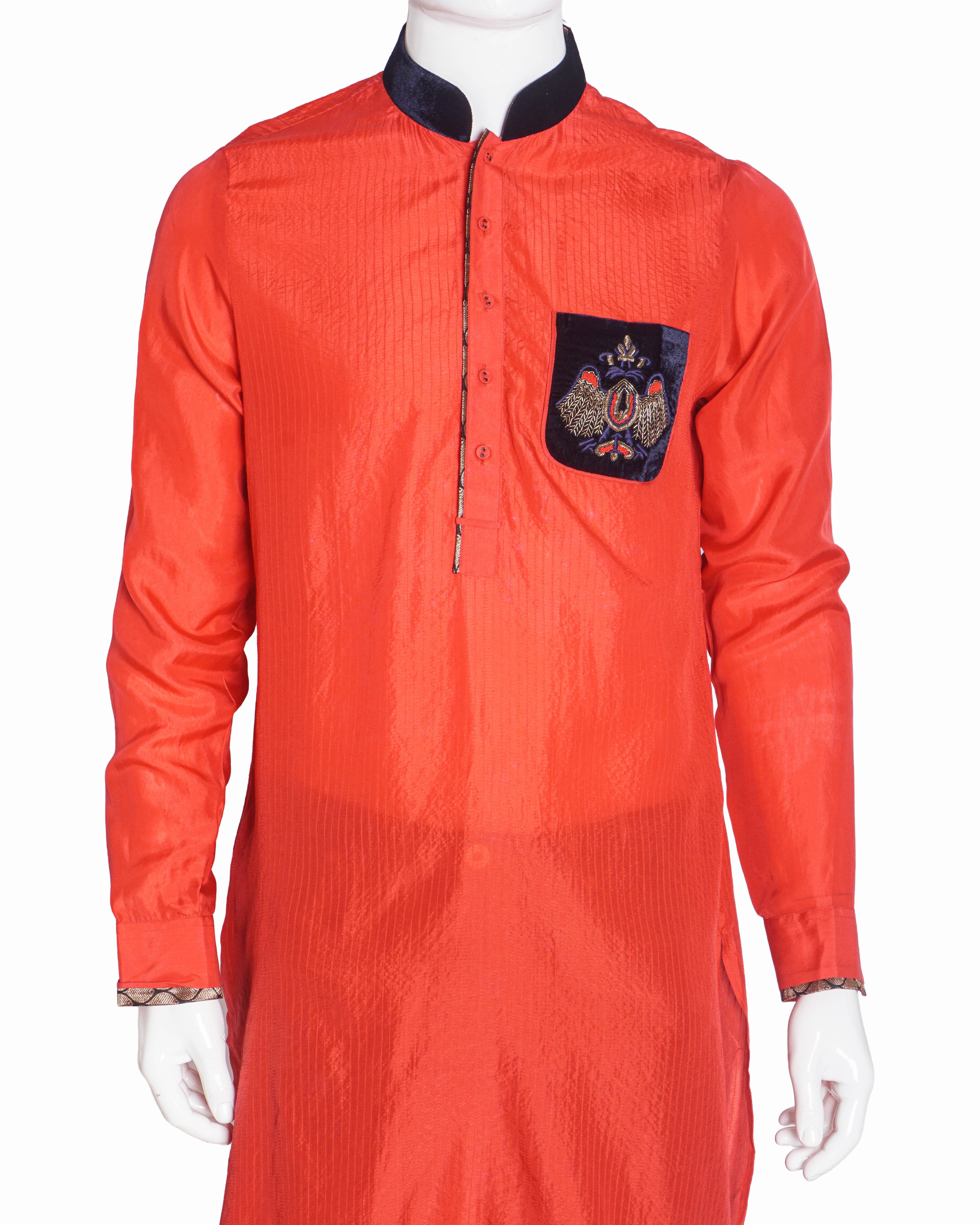 Rohit Gandhi & Rahul Khanna Red Crest Embroidered Kurta