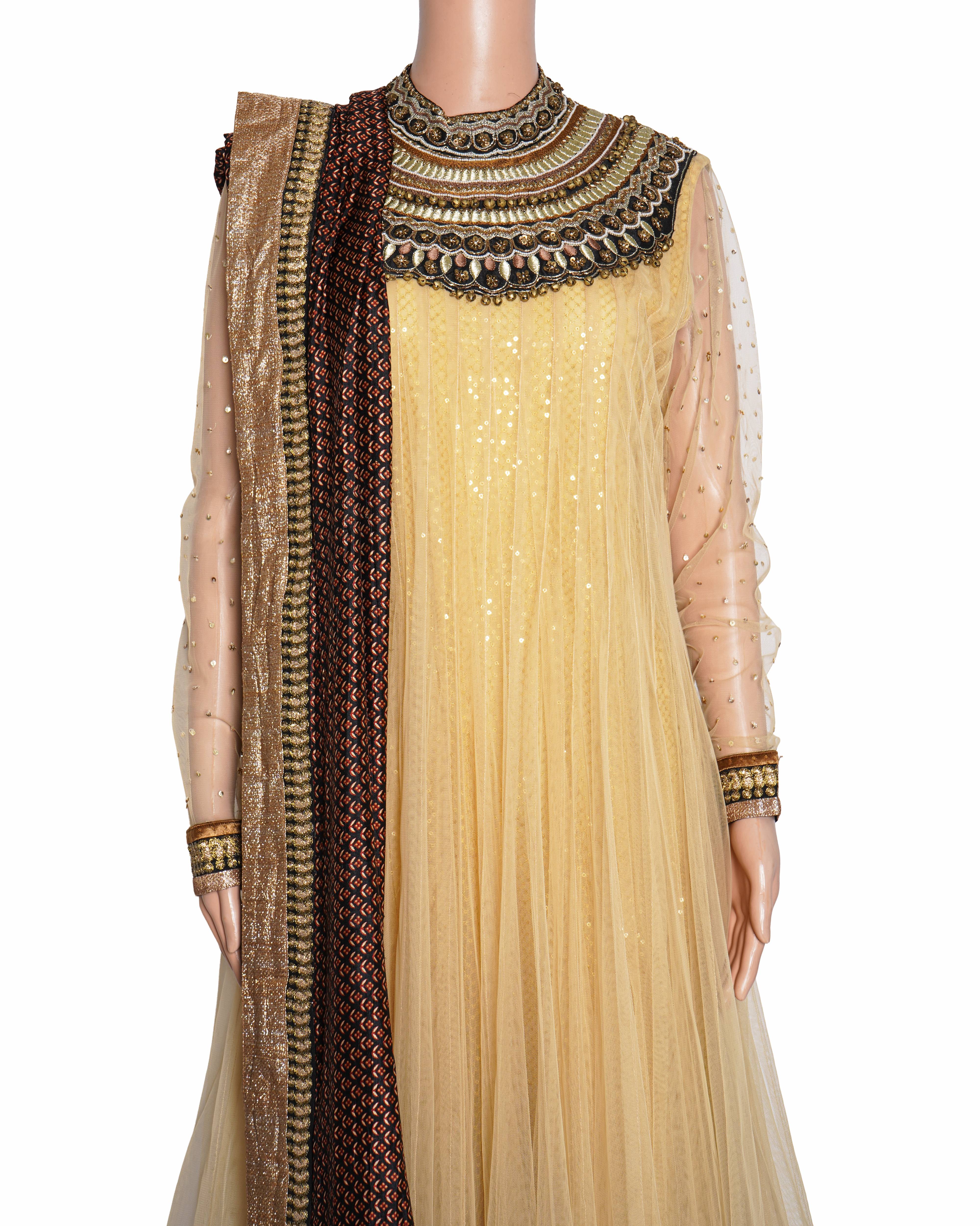 New Ritu Kumar Golden-Yellow Embellished Jeweled Neckline Long Dress