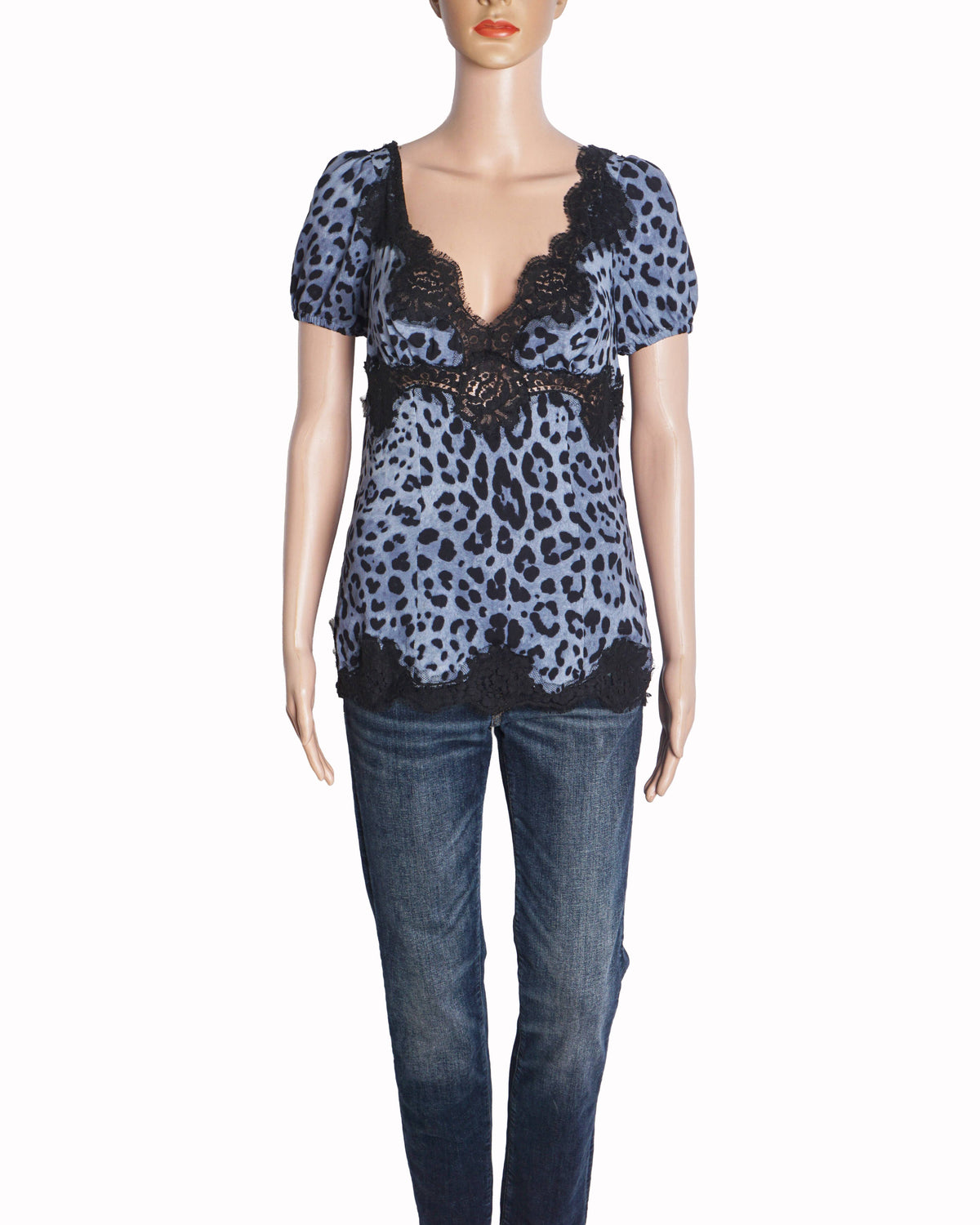 Dolce & Gabbana Blue Leopard Print Lace Trim Top