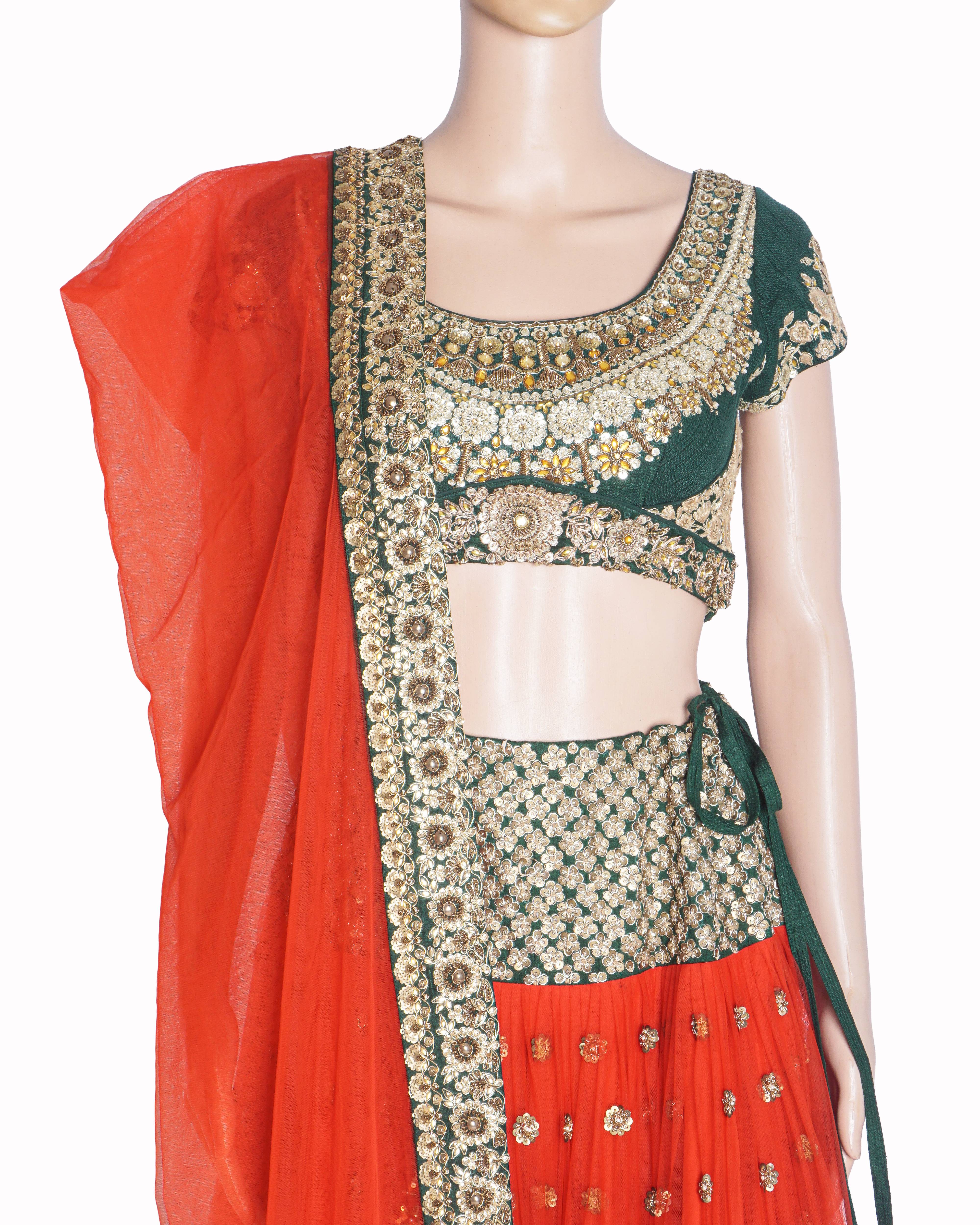 Sabyasachi Red & Emerald Green Embroidered Lehenga Set