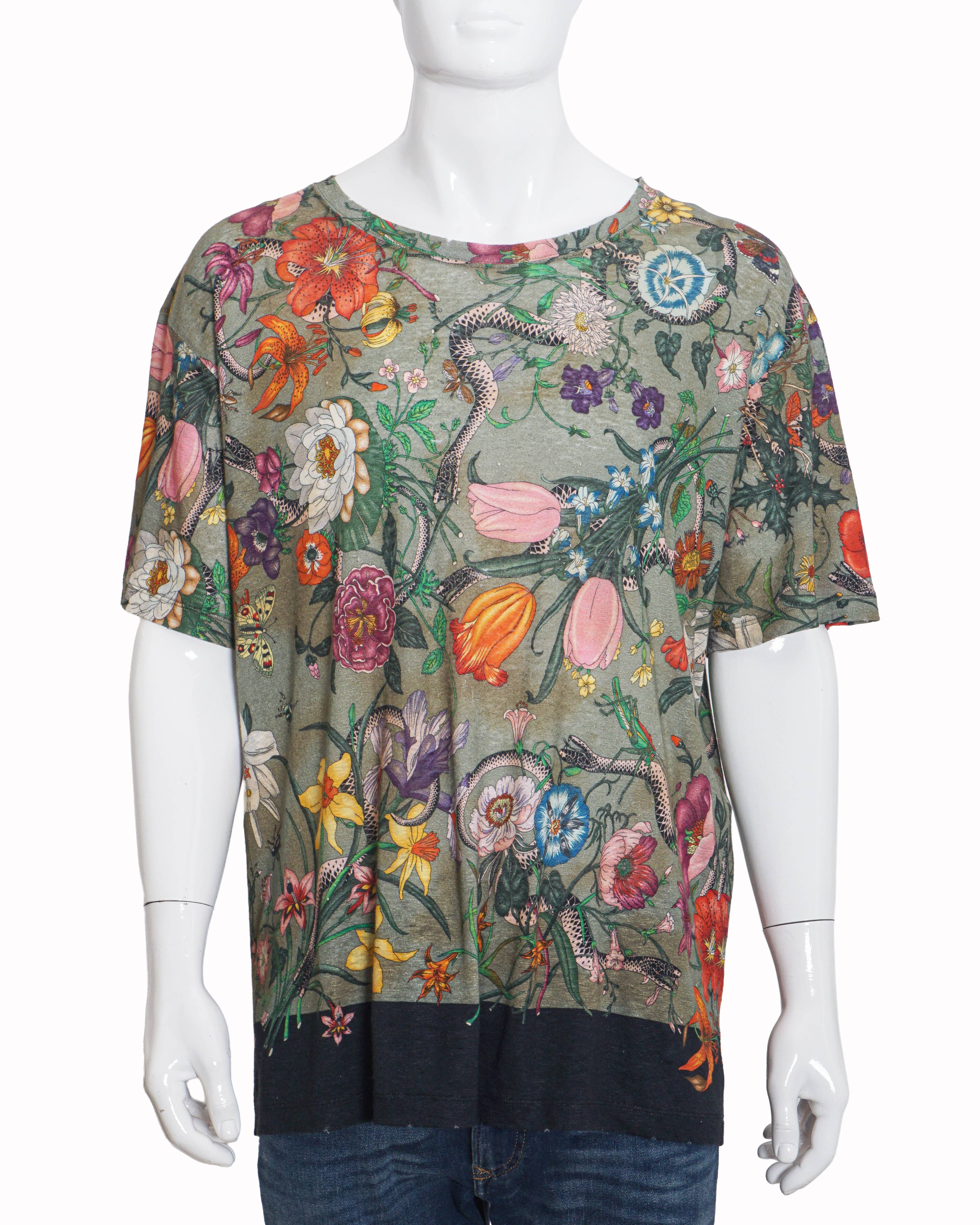 Gucci Olive Green Floral & Kingsnake Print Men's T-Shirt