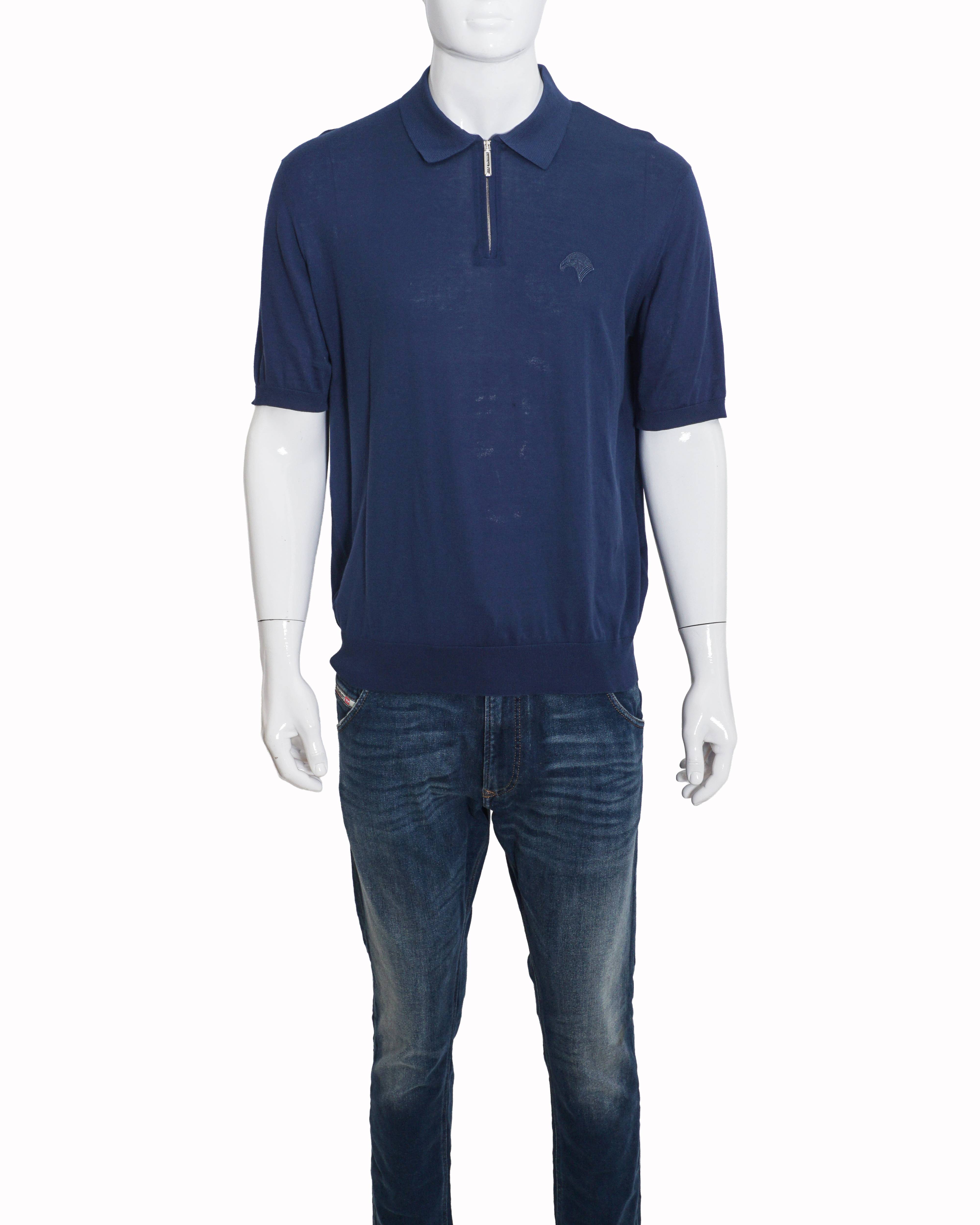 Stefano Ricci Navy Blue Eagle Embroidered Half-Zip Polo T-shirt