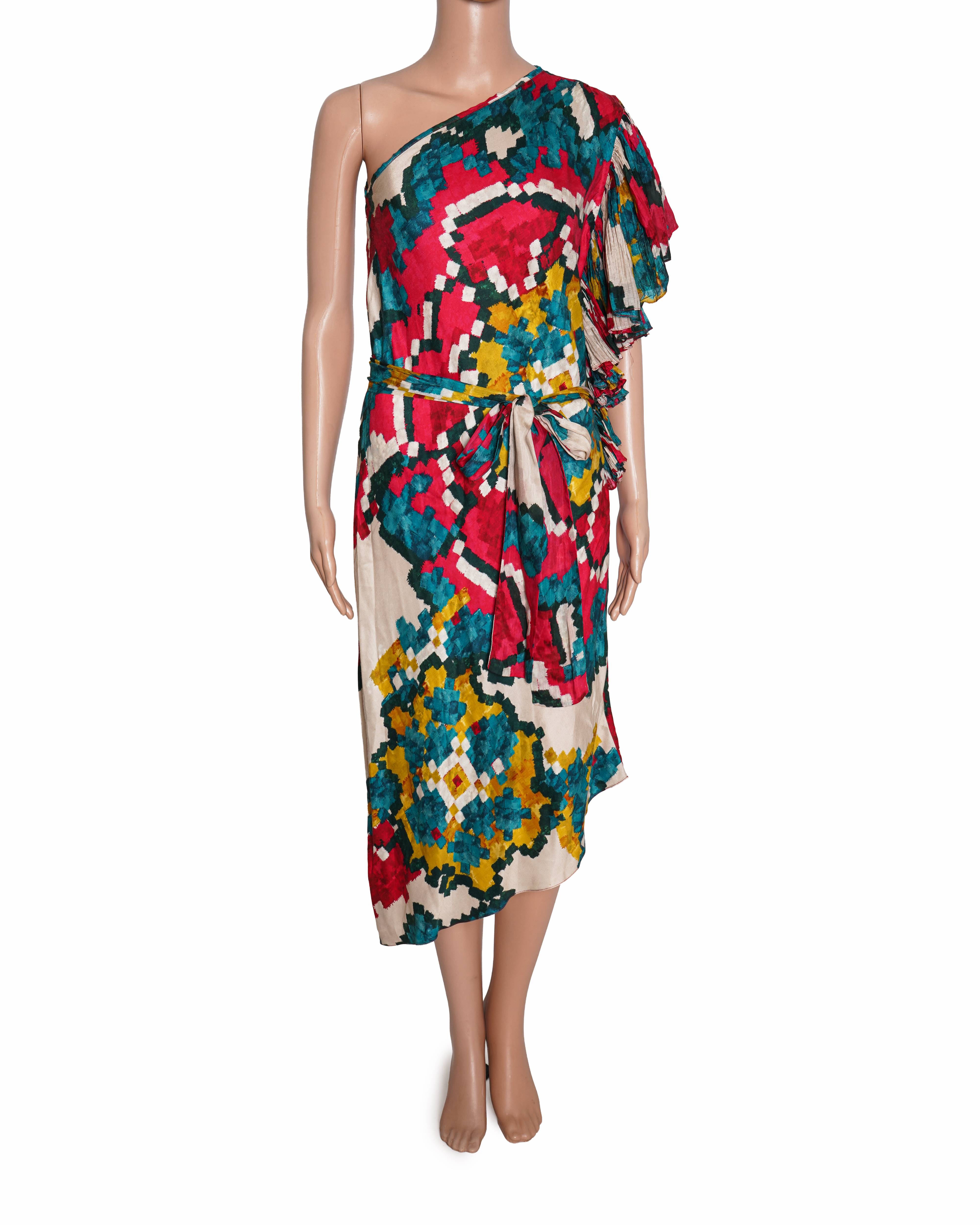 Saksha & Kinni Ikat print one shoulder ruffle sleeve dress