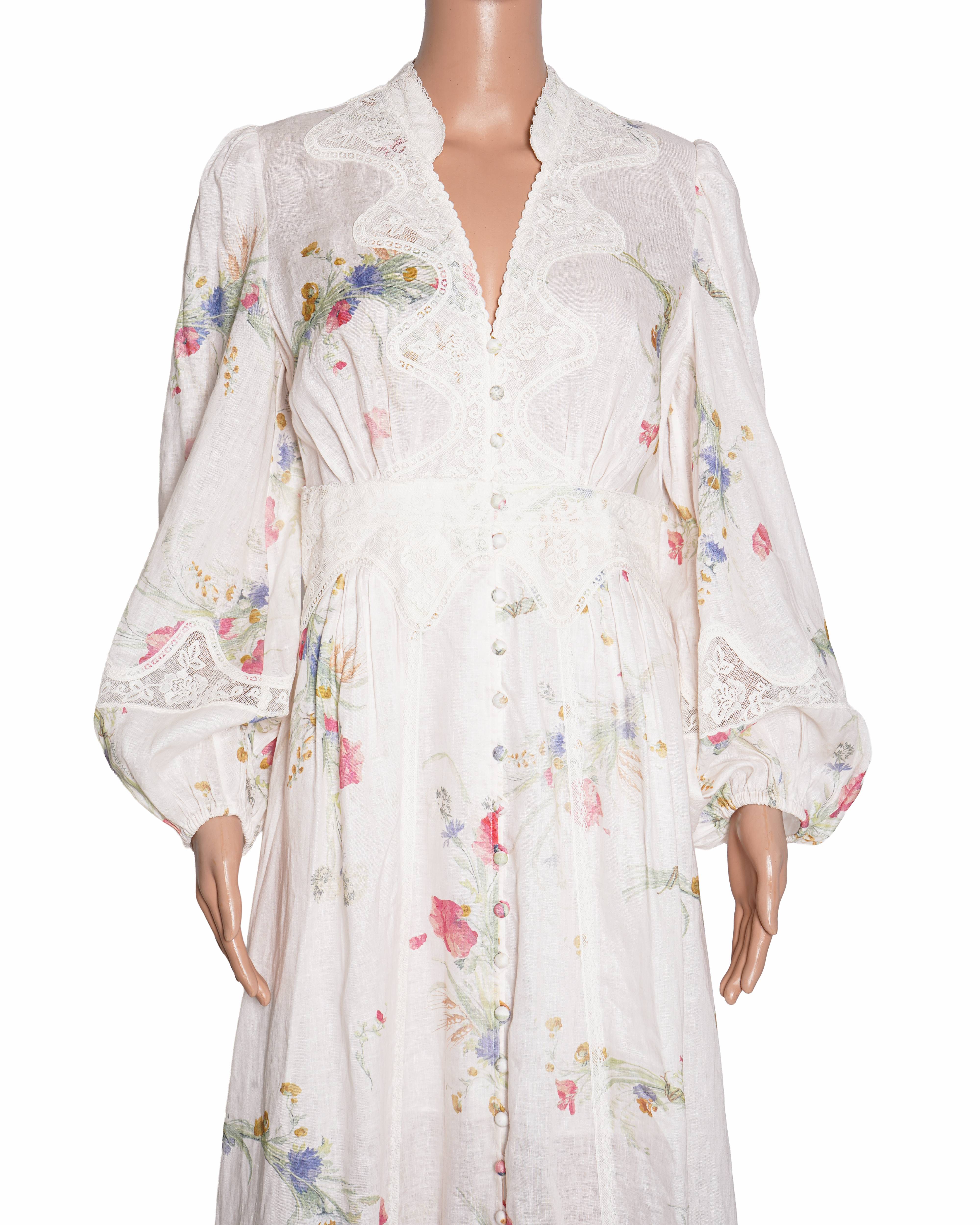 New Zimmerman Lucky Lace Floral Plunge Midi Dress in Linen