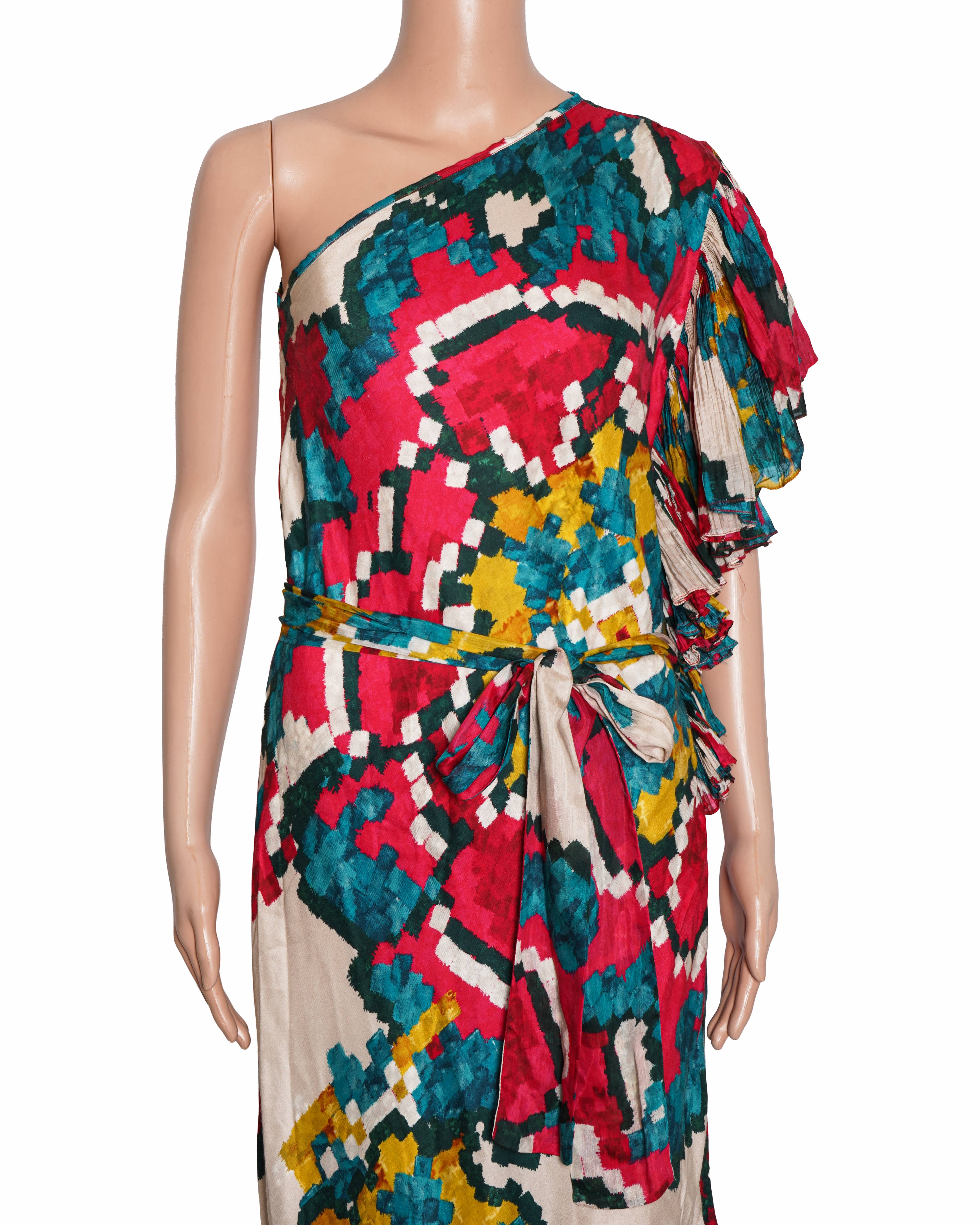 Saksha & Kinni Ikat print one shoulder ruffle sleeve dress