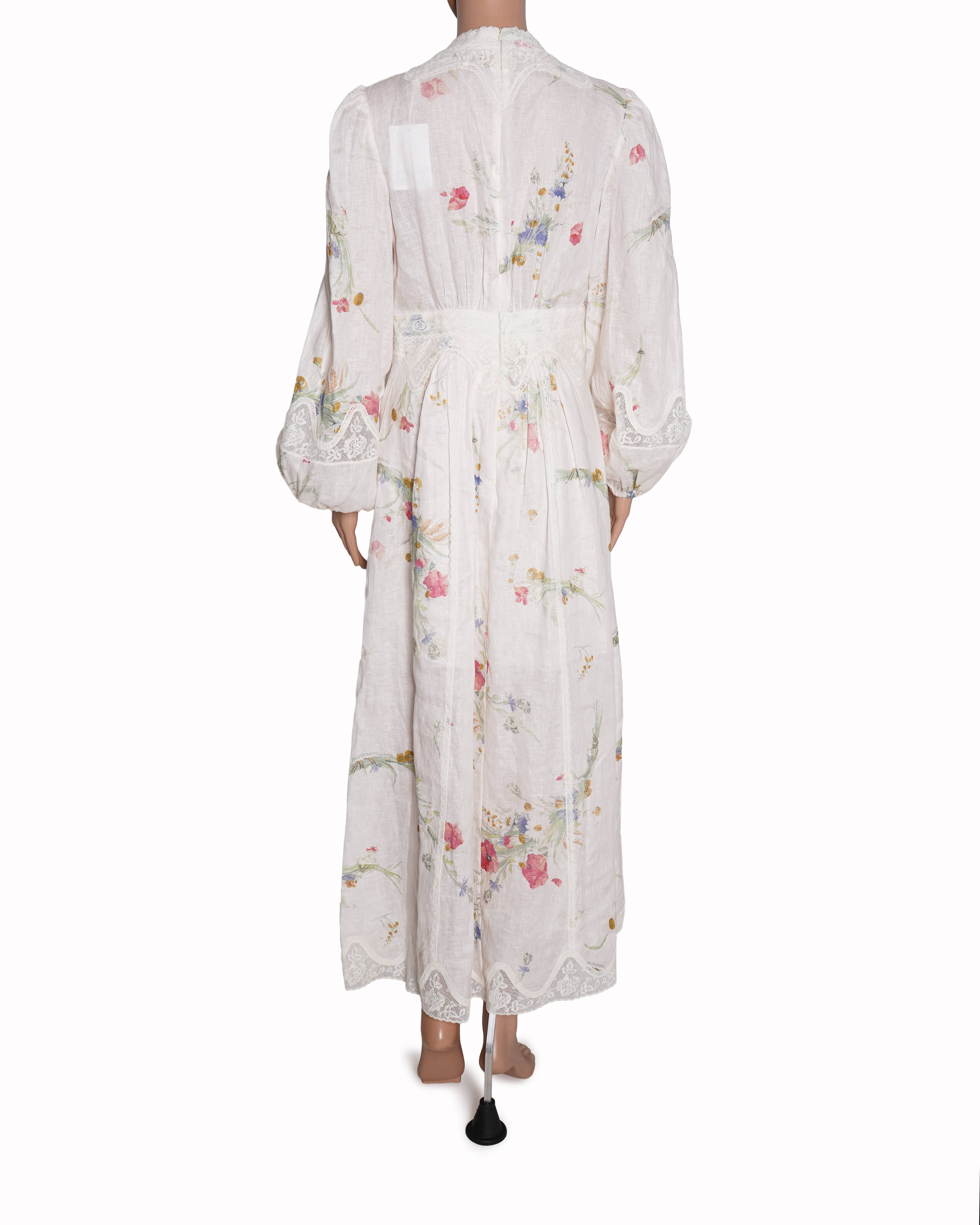 New Zimmerman Lucky Lace Floral Plunge Midi Dress in Linen