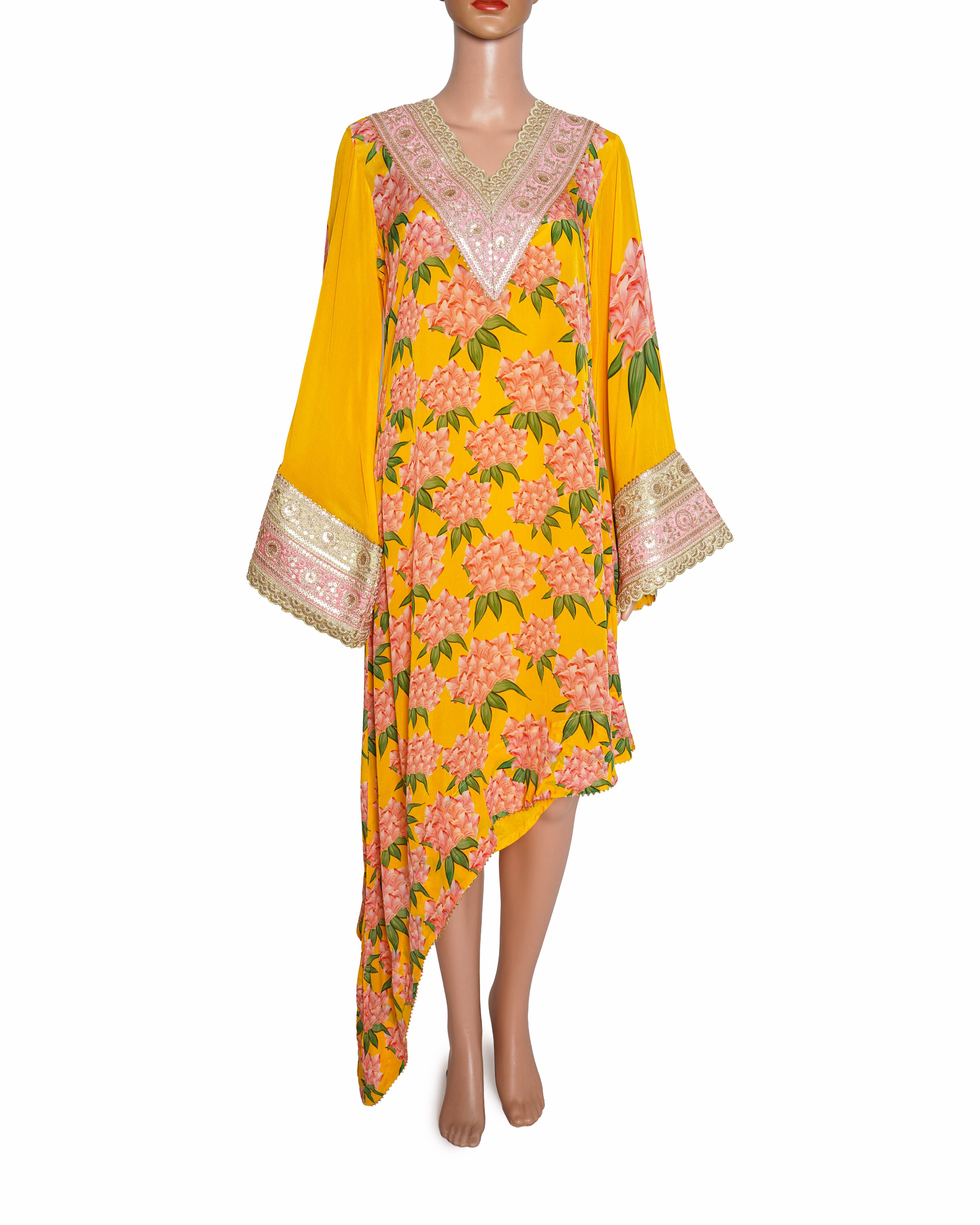 Masaba Crepe Printed Kaftan Set Of 2 In Yellow
