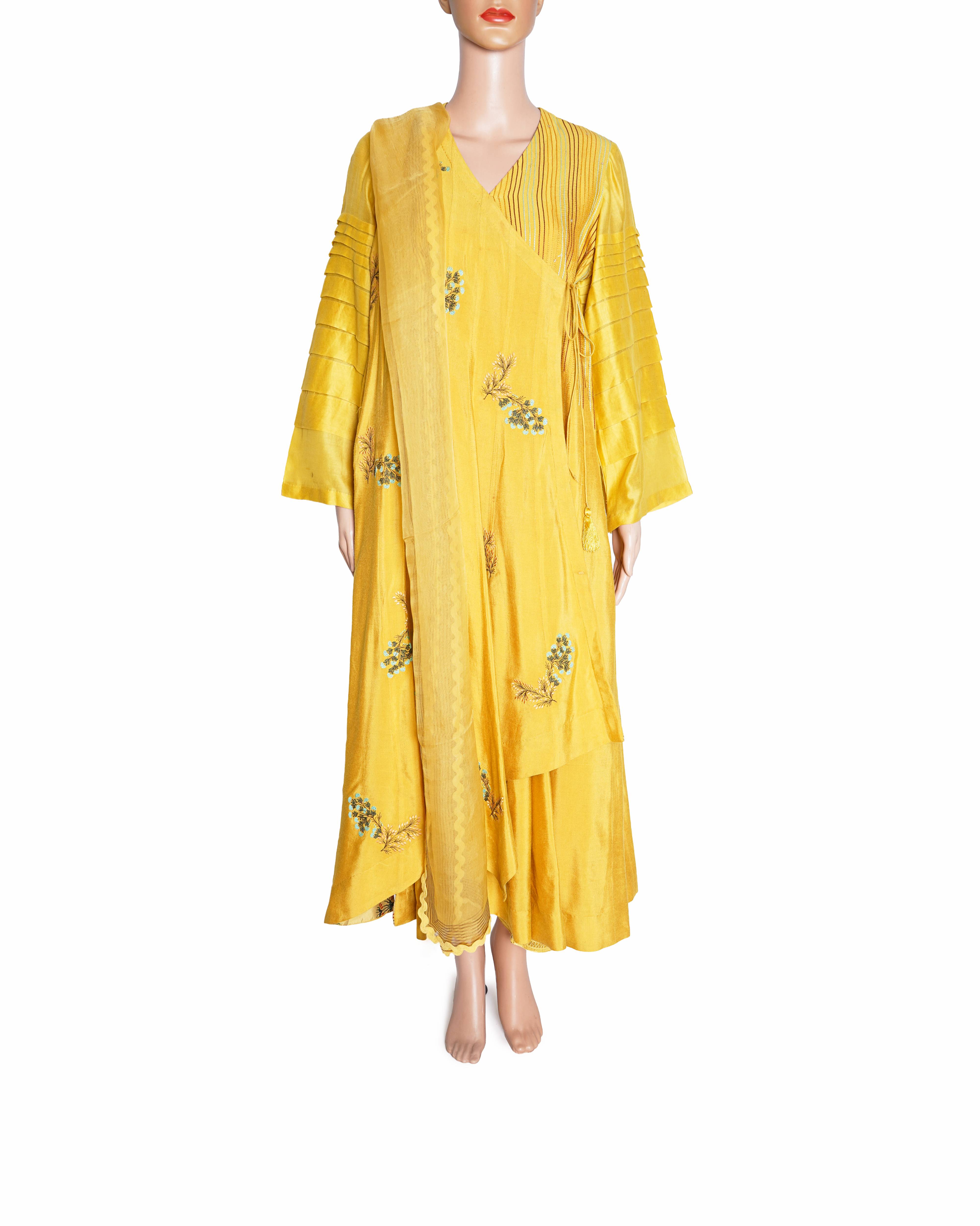 Devnaagri Mustard Yellow Wrap-Up Angrakha Style Dress Set
