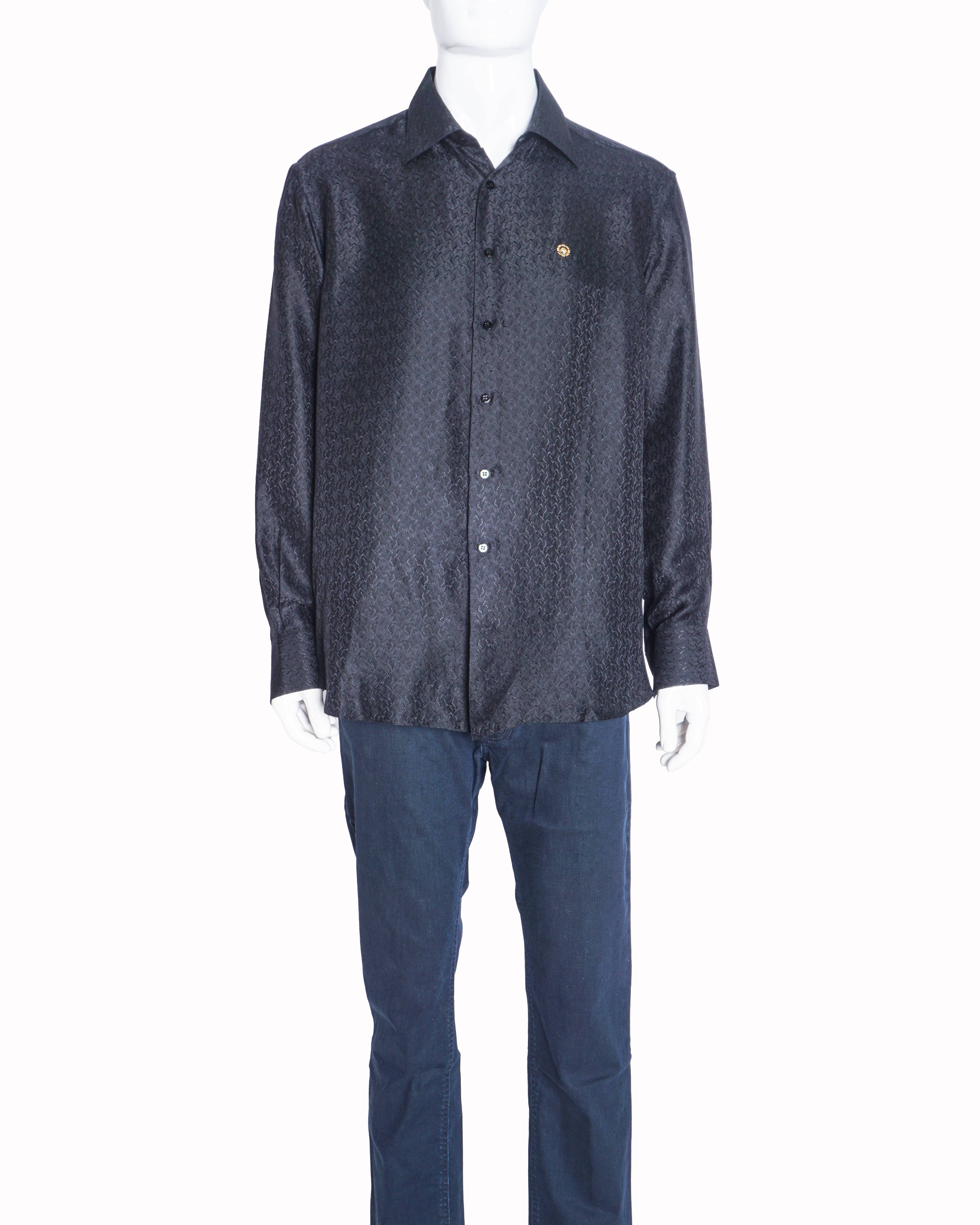 Stefano Ricci Men's Black Jacquard Paisley Gold-Tone Eagle Logo Dress Shirt