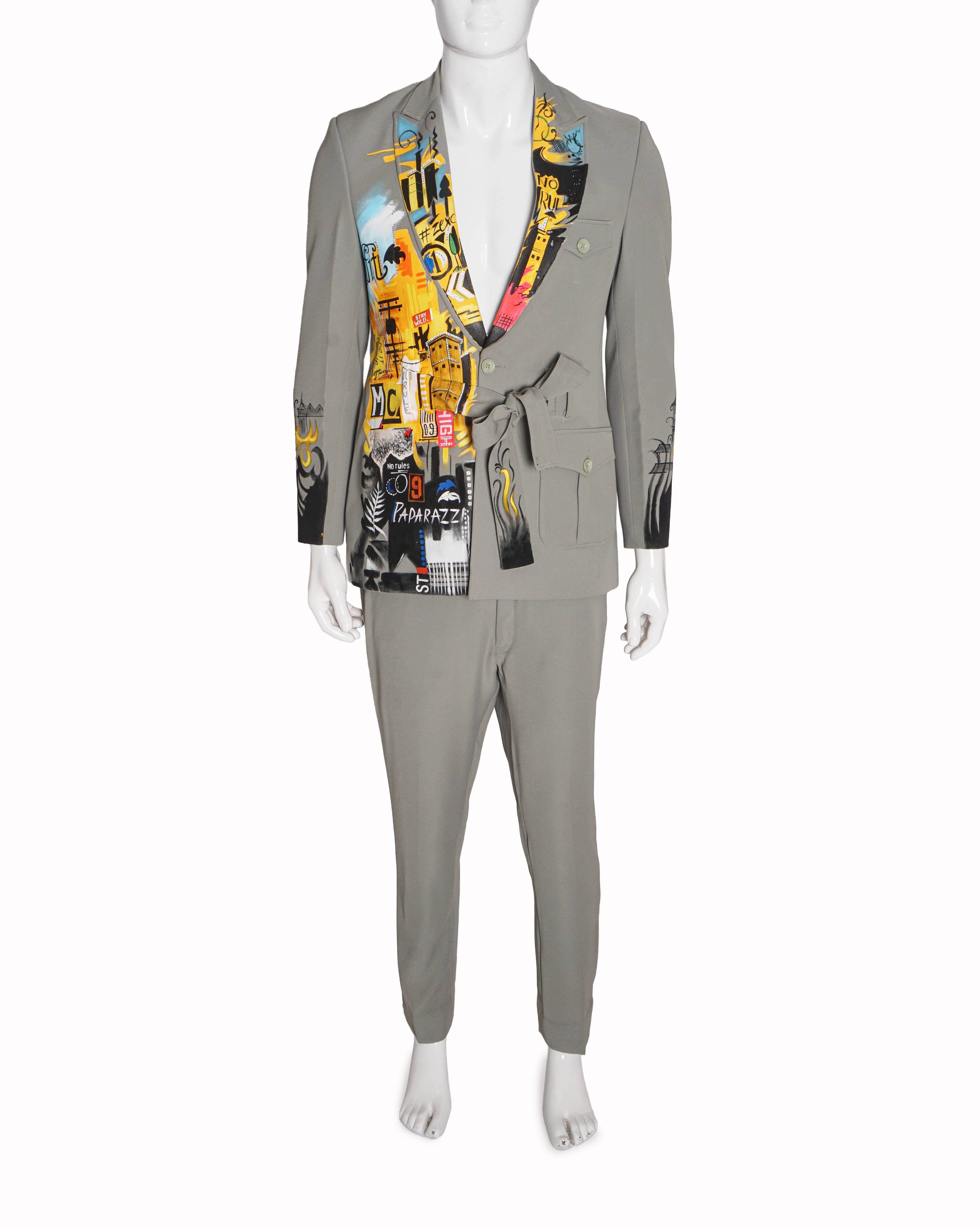 Mayank Chawla Sage Green Graffiti Belted Blazer Suit Set