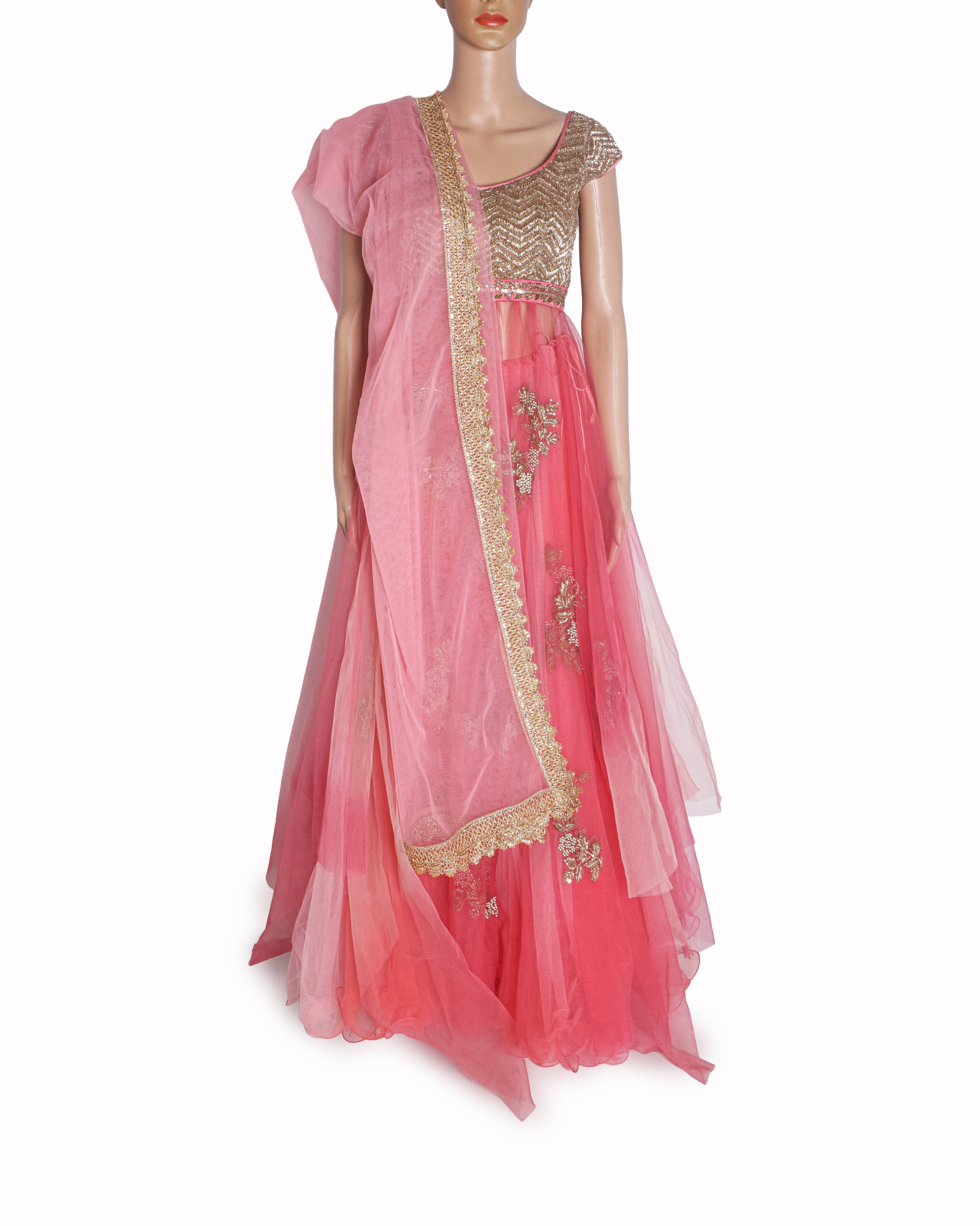 Anushree Reddy Dual-Tone Pink & Gold Net Anarkali Skirt Set