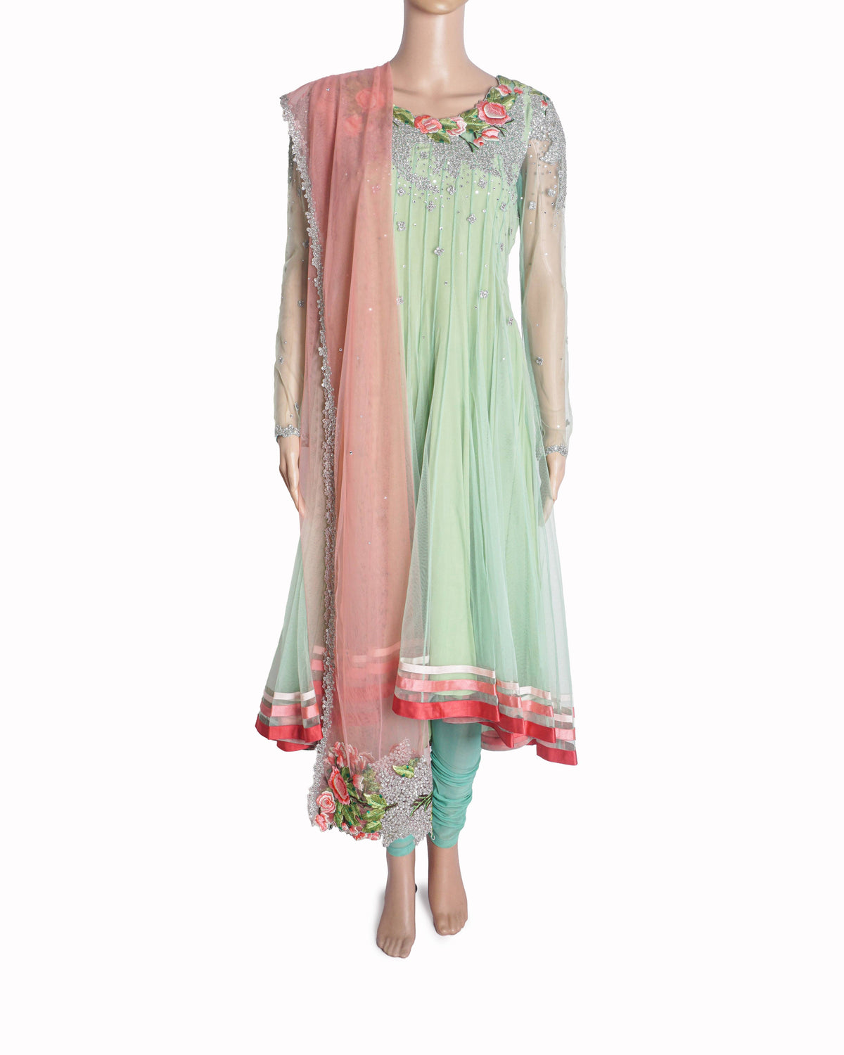 Shantanu Goenka Mint Green & Pink Floral Net Anarkali Set