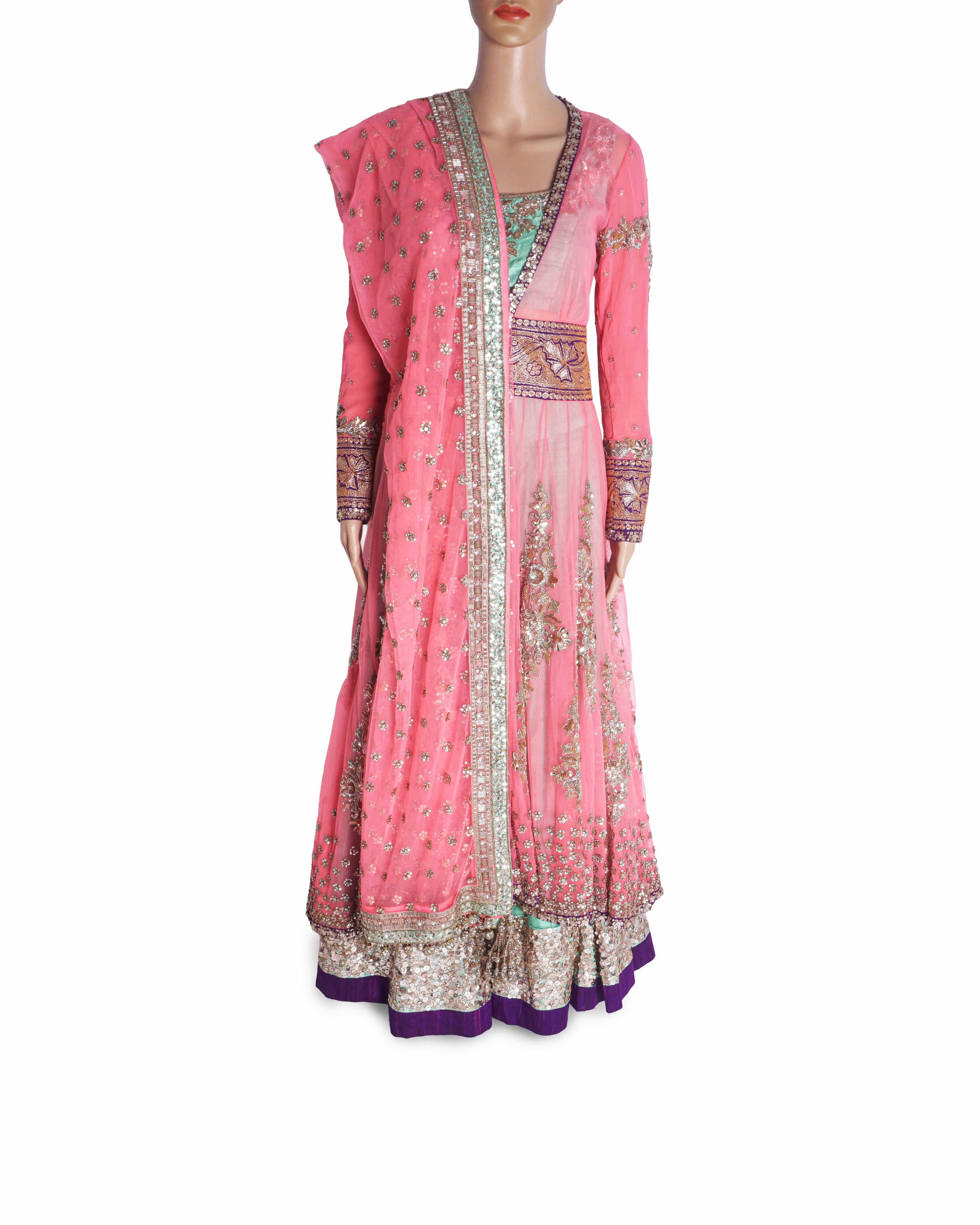 Manish Malhotra Mint Green & Pink Lehenga with Long Jacket Set